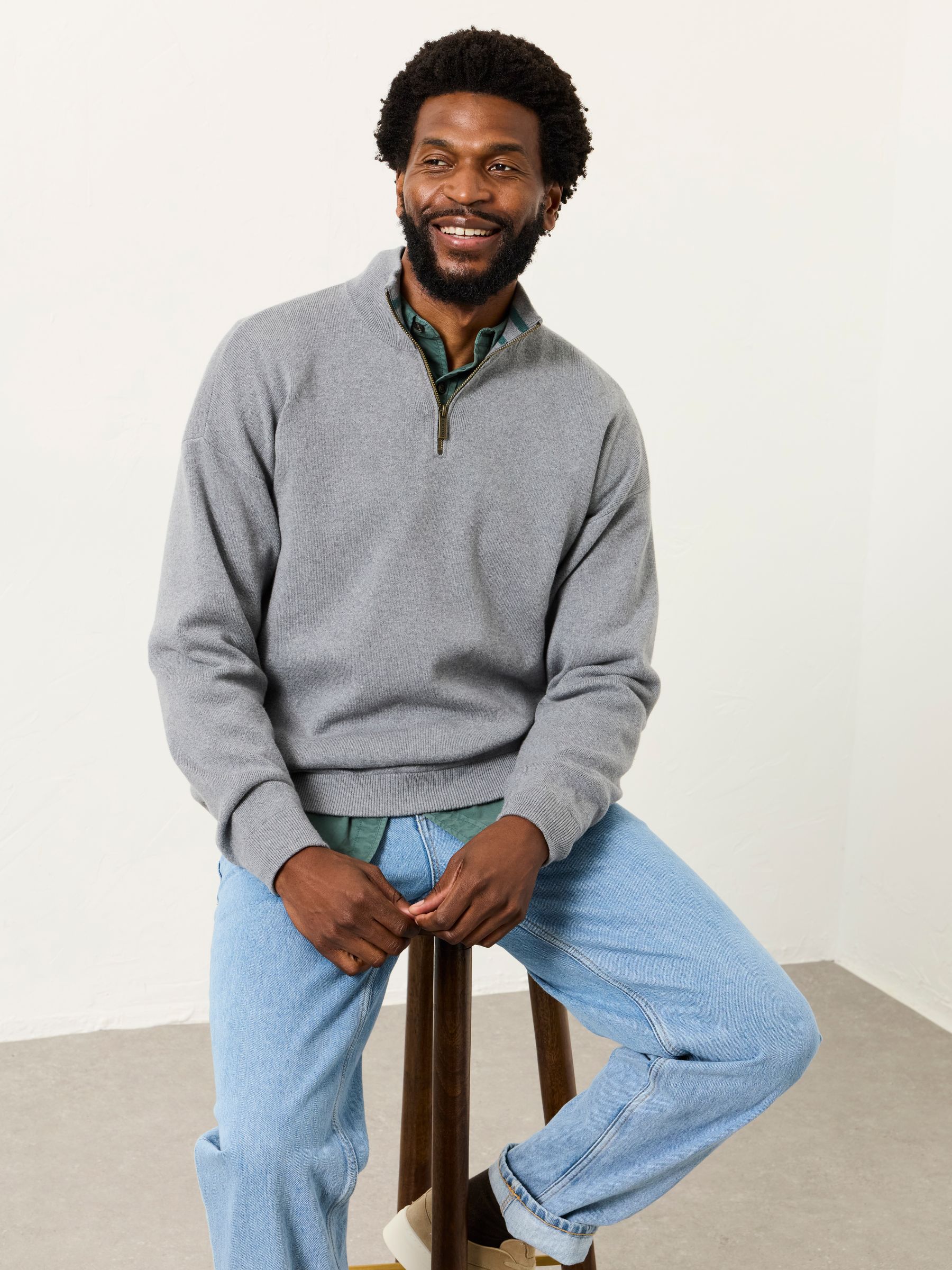 Helston Mid Grey Knitted Quarter Neck Jumper - Image 1 of 2