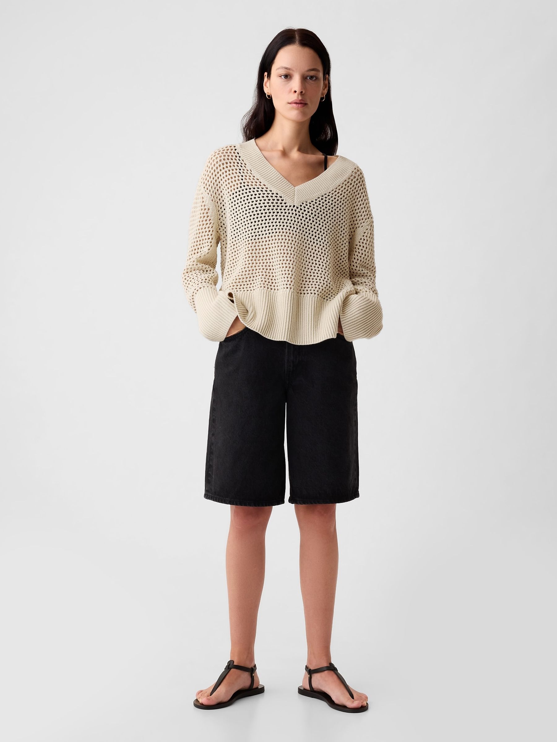 Beige Cotton 24/7 Split-Hem Crochet Jumper - Image 1 of 4