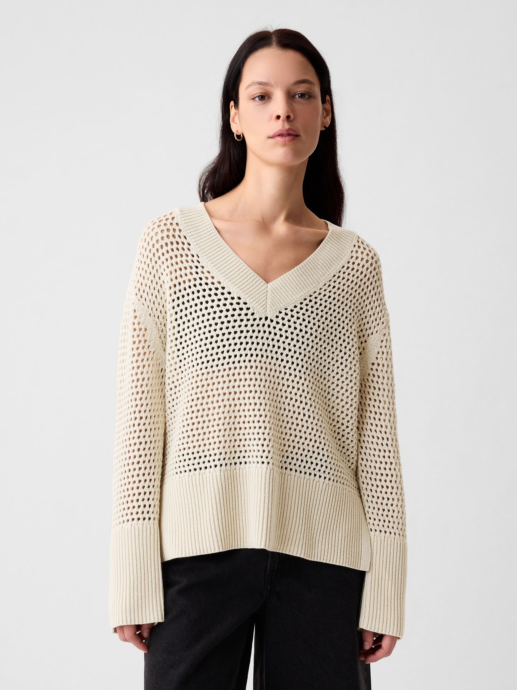 Beige Cotton 24/7 Split-Hem Crochet Jumper - Image 3 of 4