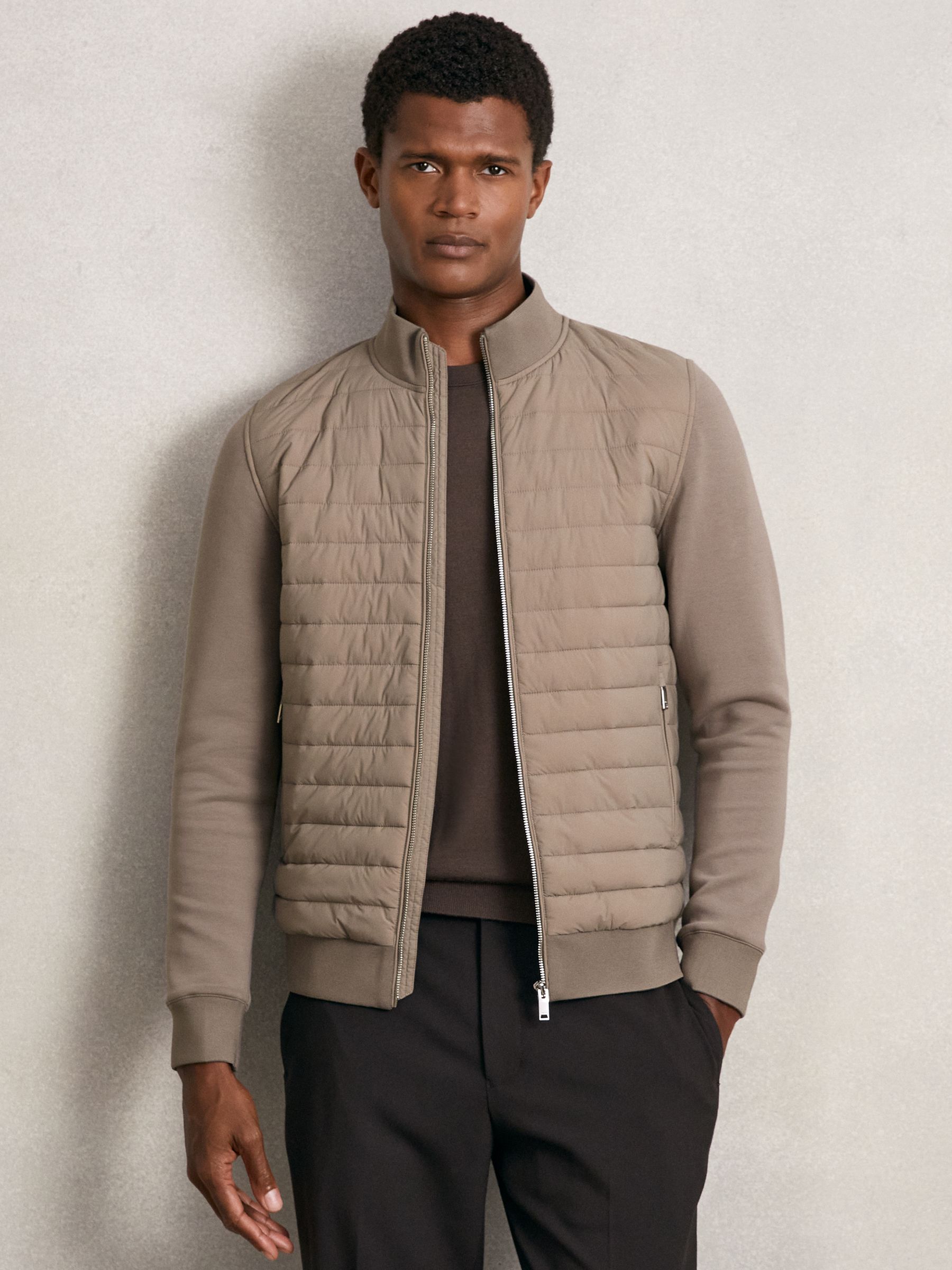 Hybrid Quilt and Knit Zip-Through Jacket in Taupe Brown - Image 1 of 8