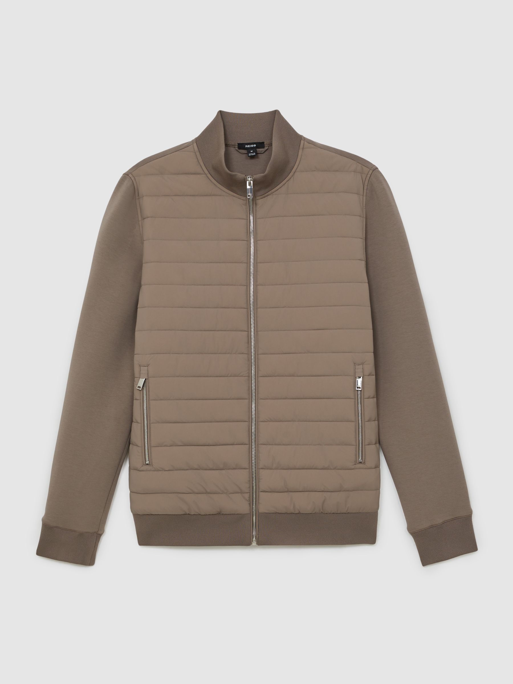 Hybrid Quilt and Knit Zip-Through Jacket in Taupe Brown - Image 2 of 8