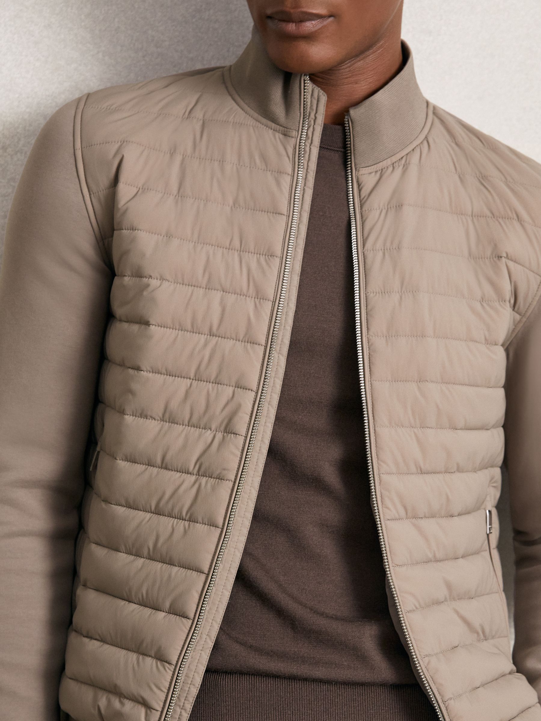 Hybrid Quilt and Knit Zip-Through Jacket in Taupe Brown - Image 3 of 8