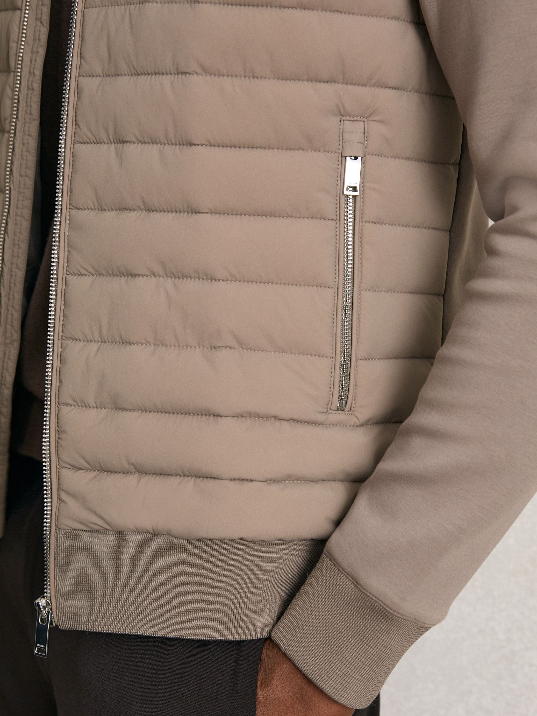 Hybrid Quilt and Knit Zip-Through Jacket in Taupe Brown - Image 4 of 8