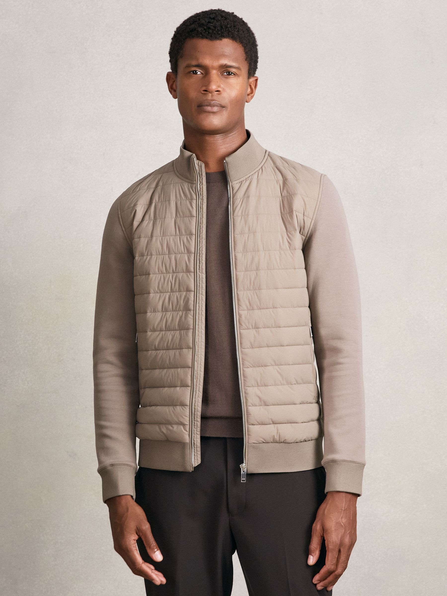 Hybrid Quilt and Knit Zip-Through Jacket in Taupe Brown - Image 6 of 8