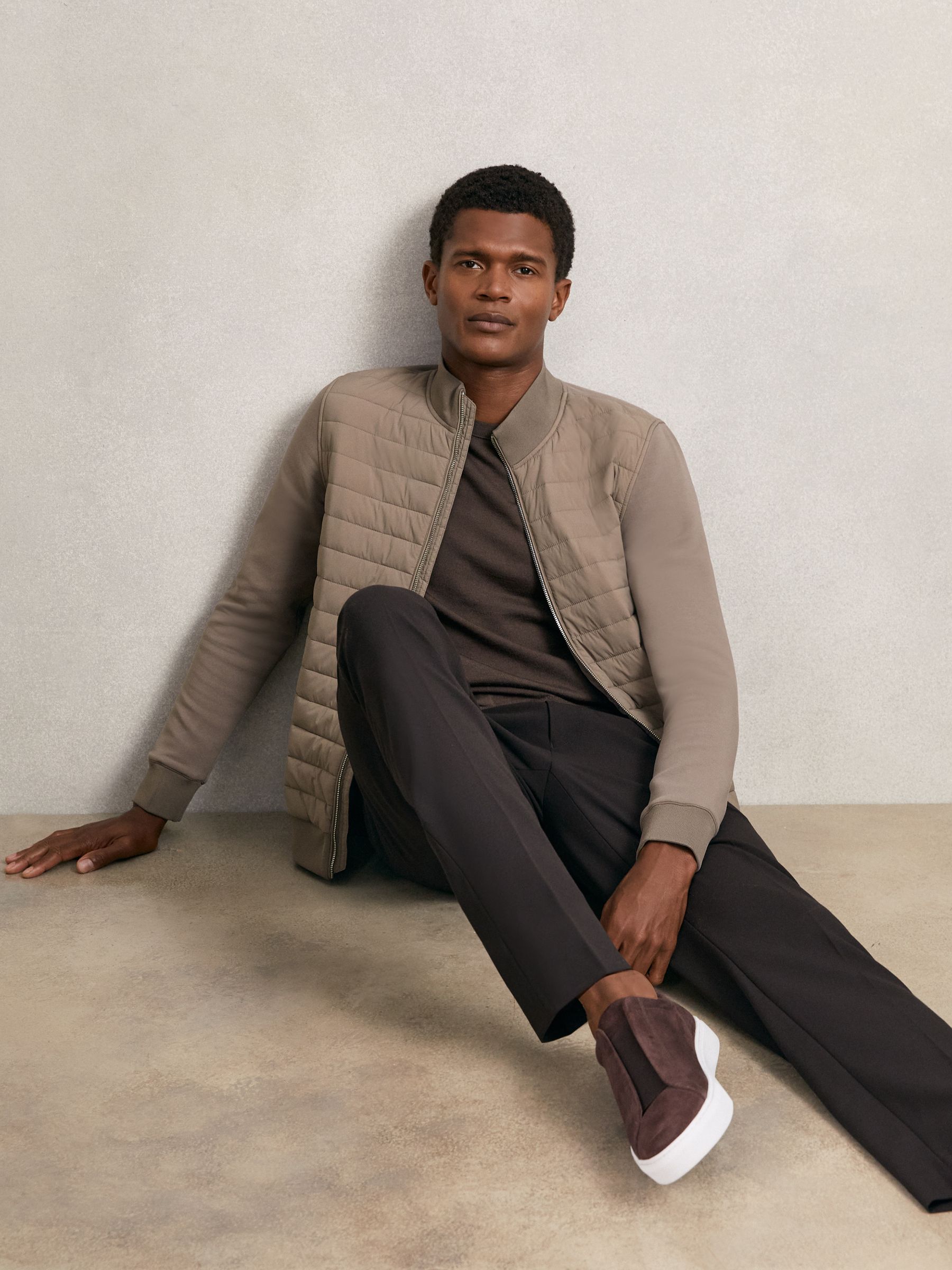 Hybrid Quilt and Knit Zip-Through Jacket in Taupe Brown - Image 7 of 8