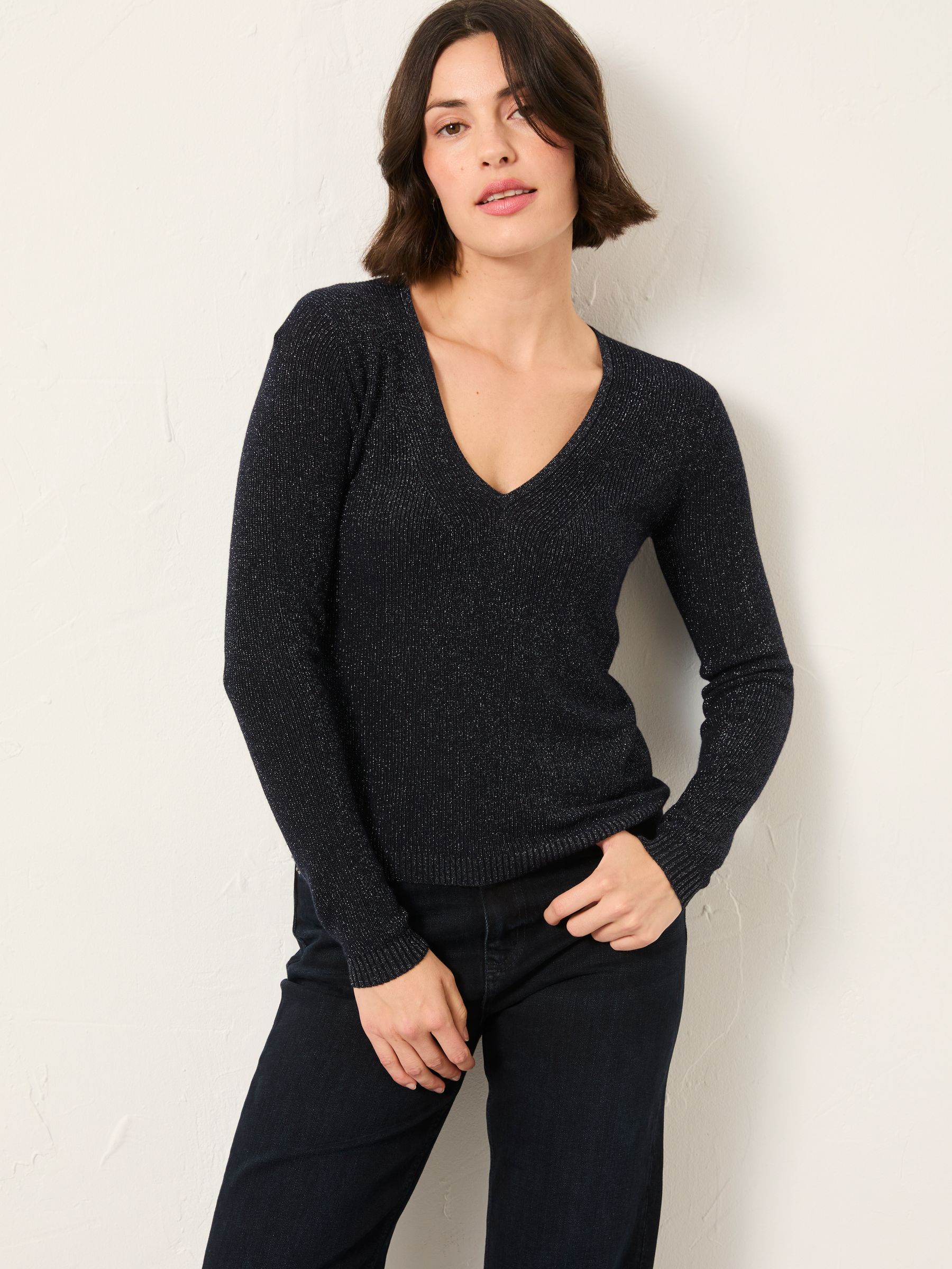 Ada Navy Sparkle V Neck Knitted Jumper - Image 1 of 5