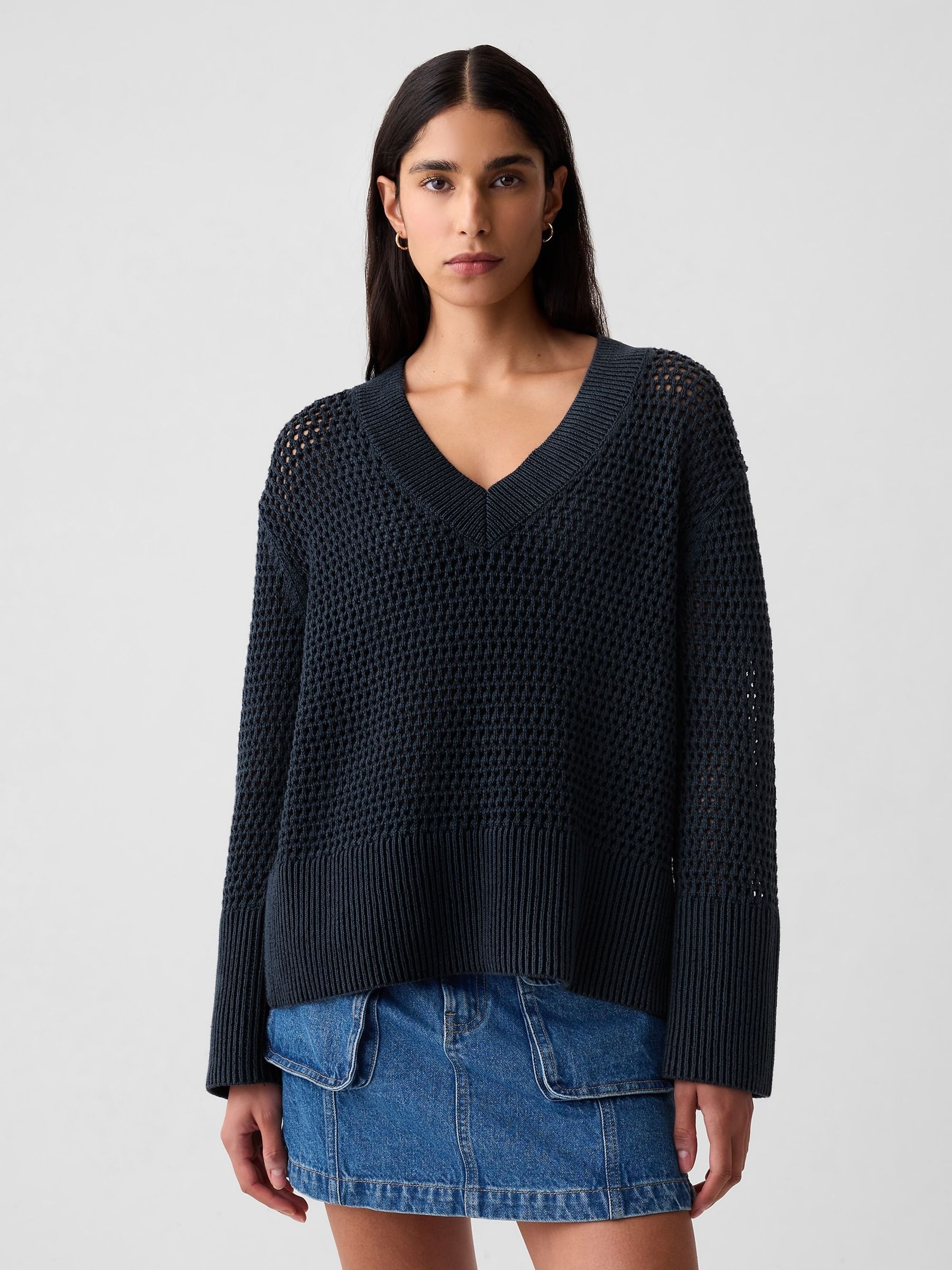 Navy/Blue Cotton 24/7 Split-Hem Crochet Jumper - Image 1 of 5