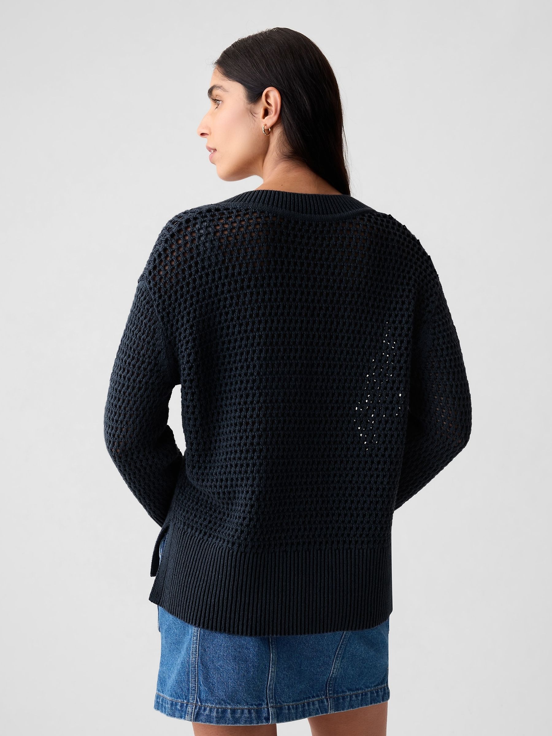 Navy/Blue Cotton 24/7 Split-Hem Crochet Jumper - Image 2 of 5