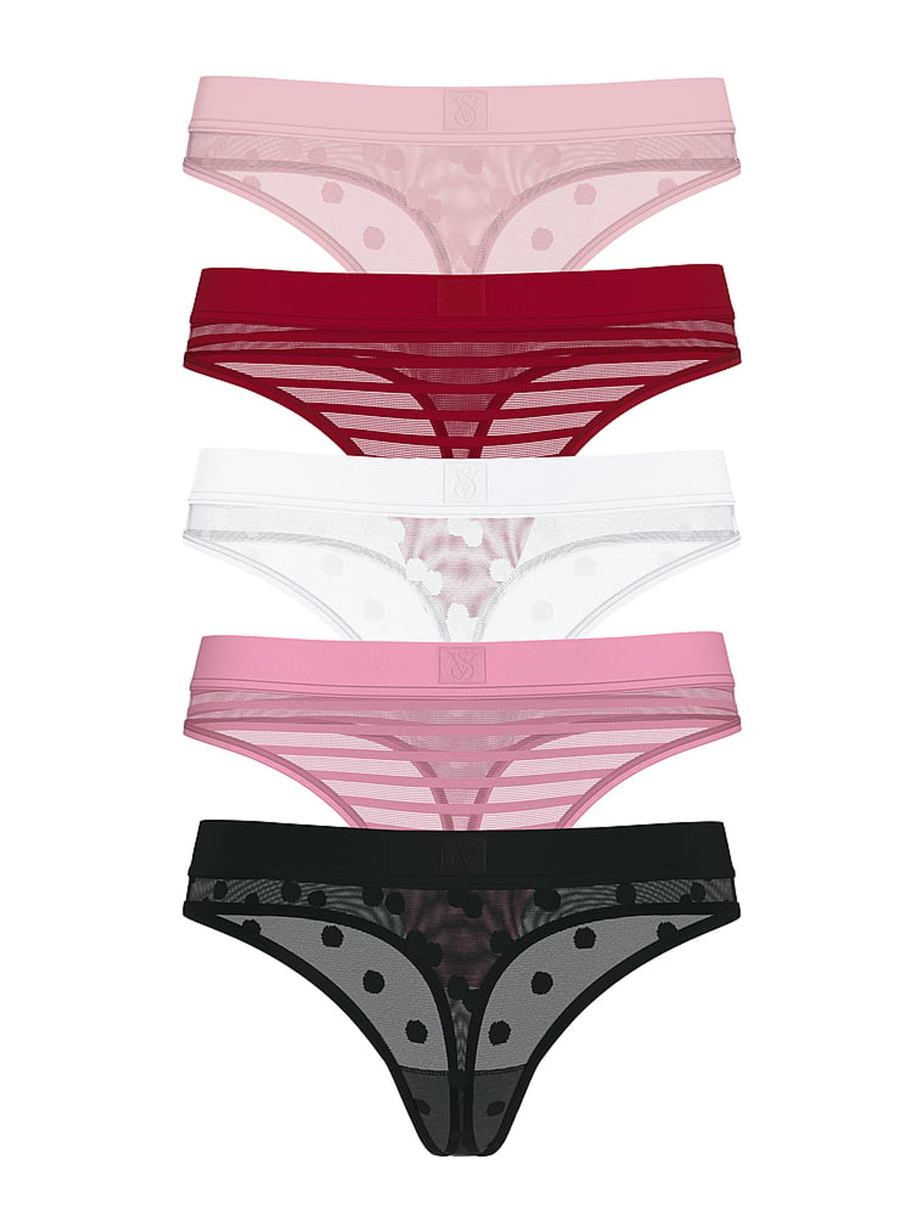 Pink/Red/Black/White Thong 5 Pack Sheer Logo Knickers - Image 1 of 2