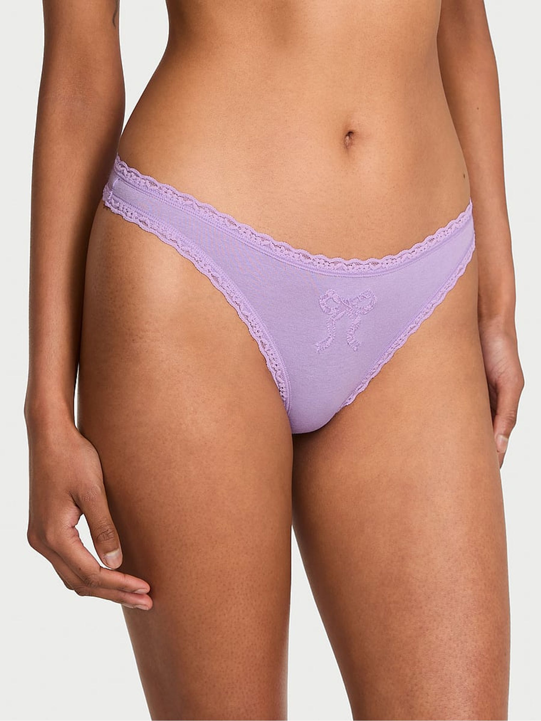 Jasmine Purple Bow Thong Cotton Lace Trim Knickers - Image 1 of 2