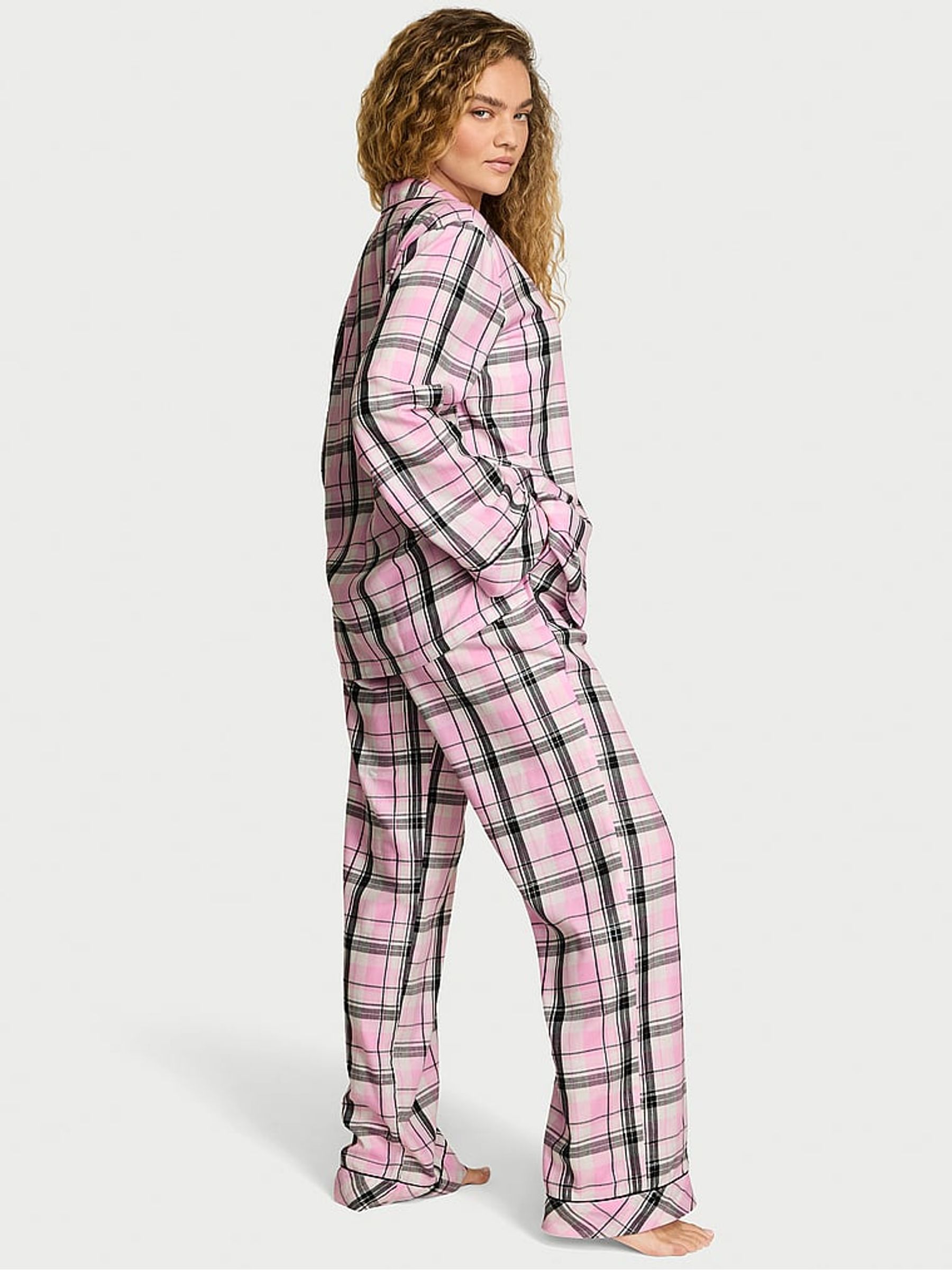 Coconut White/Black/Gold/Pink Plaid Flannel Long Pyjamas Set - Image 2 of 3