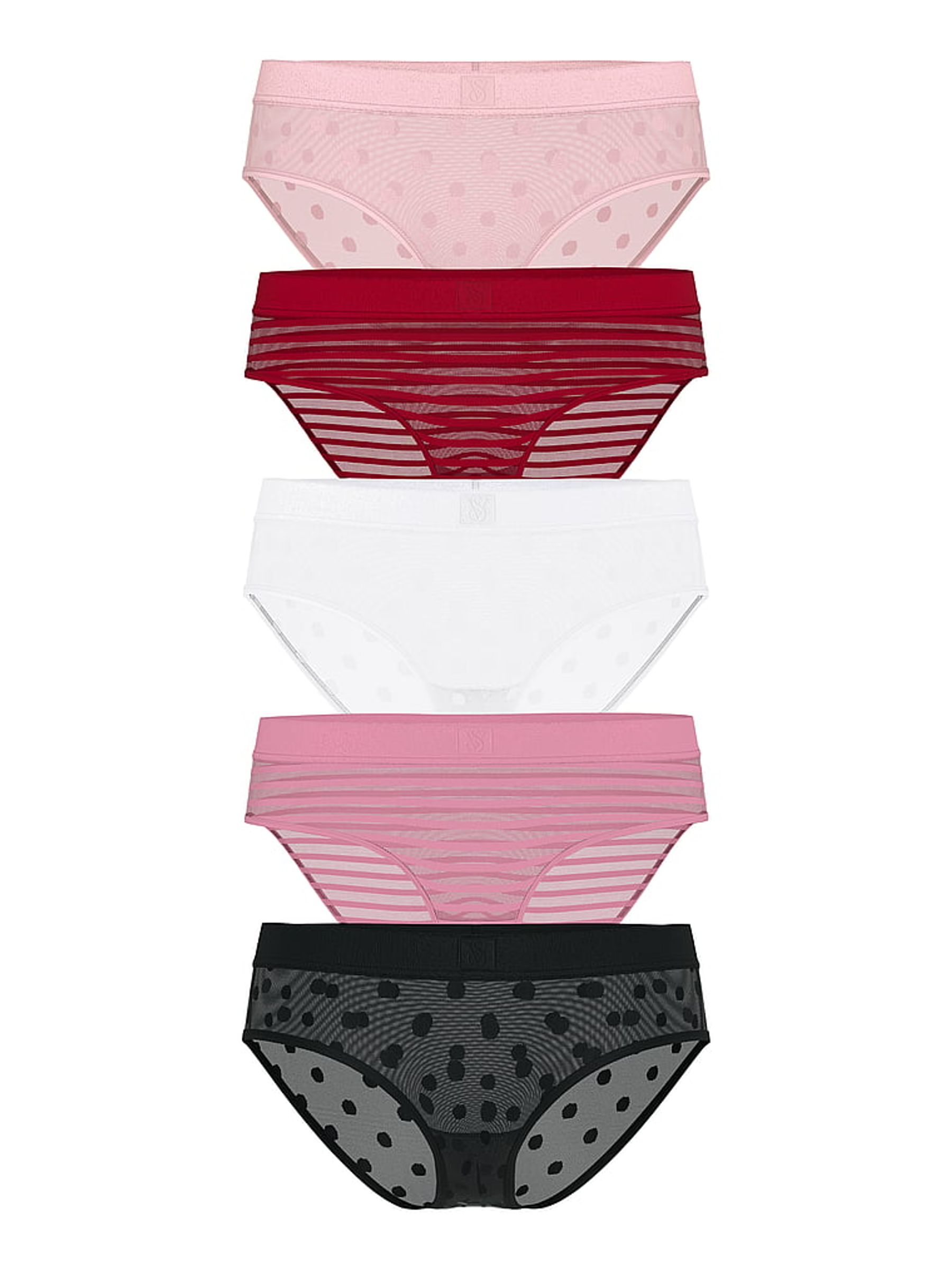 Pink/Red/Black/White Hipster 5 Pack Sheer Logo Knickers - Image 1 of 2