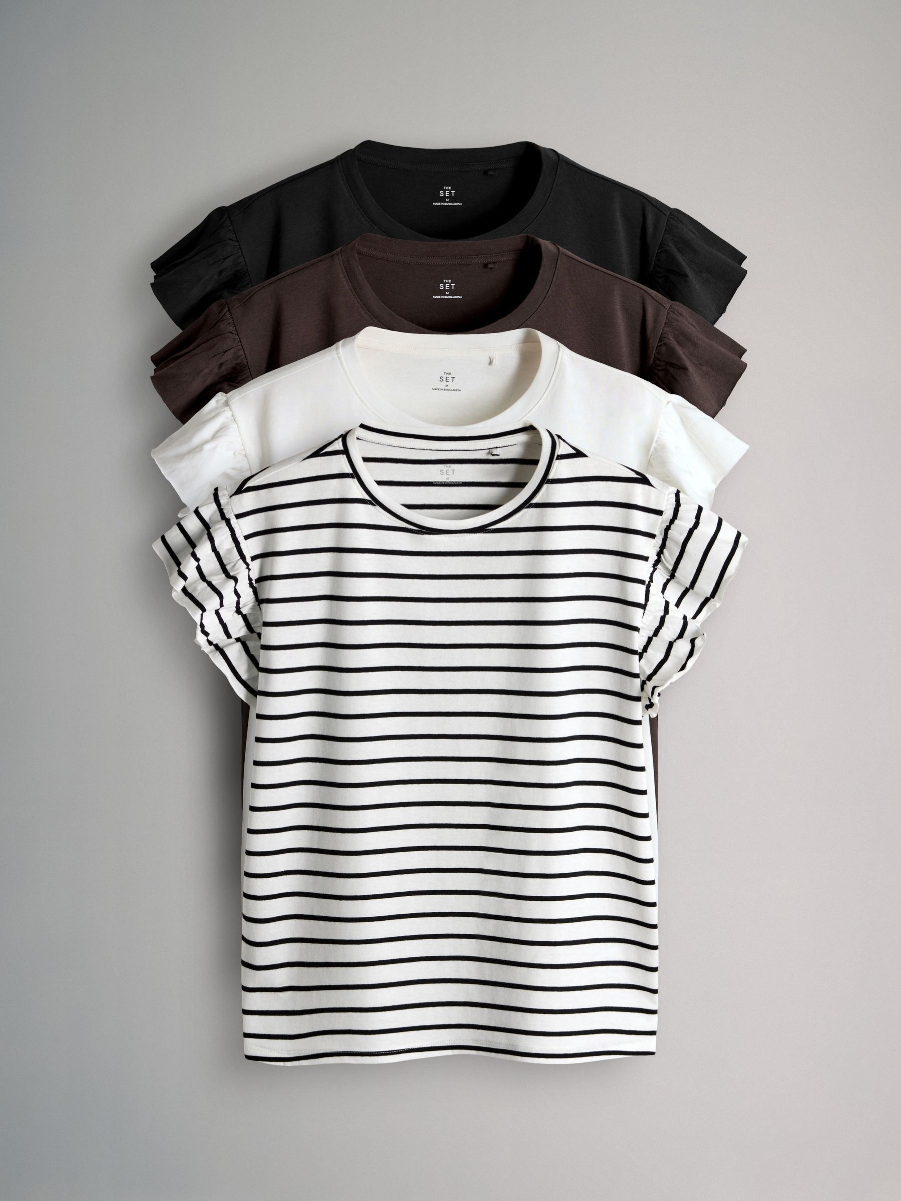 Brown/Black/Stripe/White - 4 Pack Ruffle Short Sleeve T-Shirts - Image 1 of 7