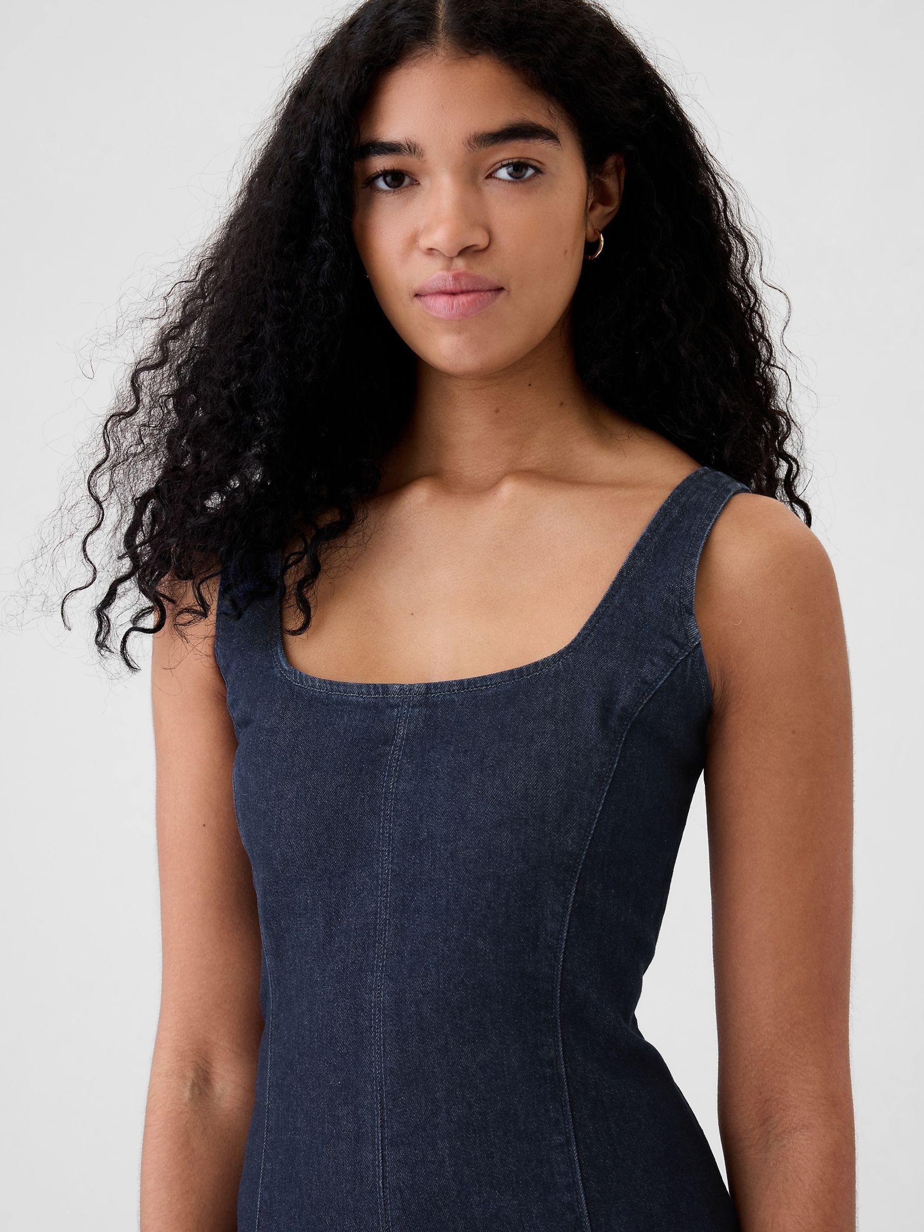 Blue Denim Square Neck Midi Dress - Image 4 of 5
