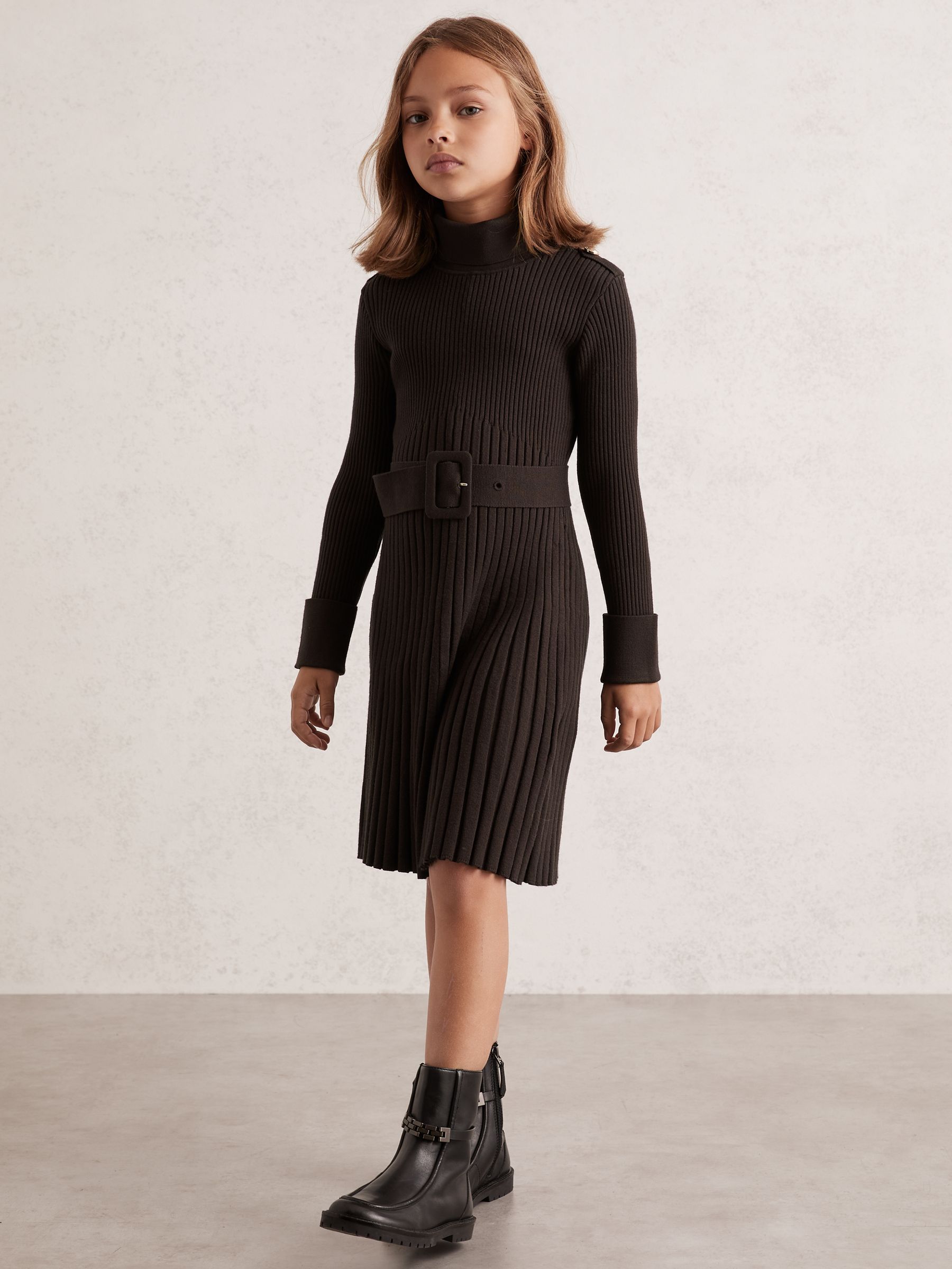 3-9 yrs Rib-Knit Roll-Neck Belted Dress in Chocolate - Image 1 of 4 3-9 yrs Rib-Knit Roll-Neck Belted Dress in Chocolate - Image 1 of 4