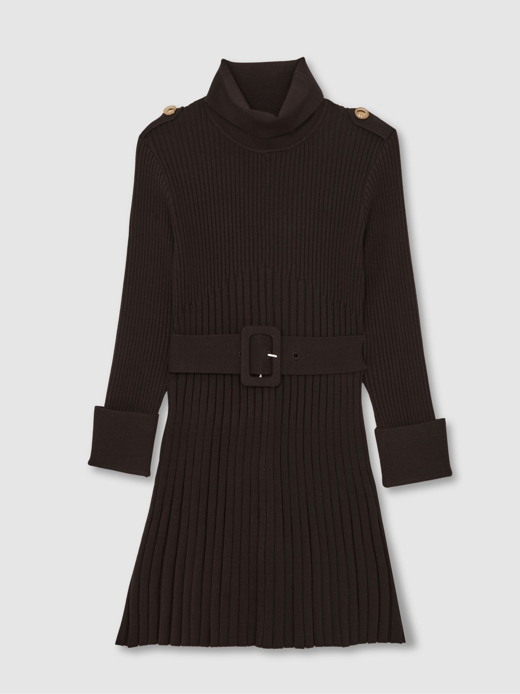 3-9 yrs Rib-Knit Roll-Neck Belted Dress in Chocolate - Image 2 of 4