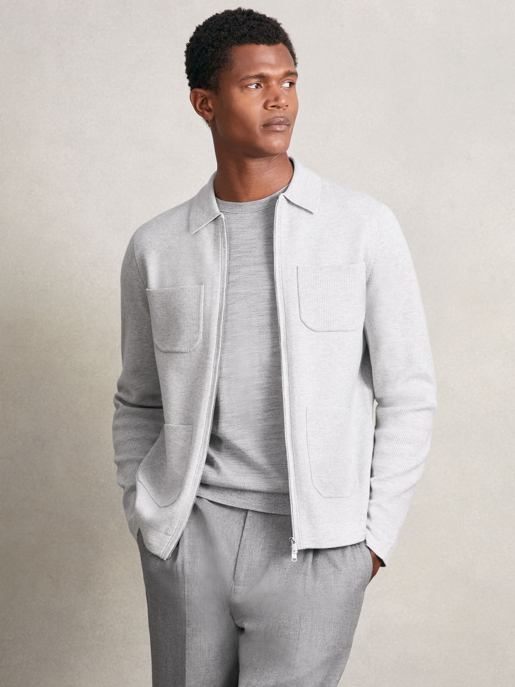 Four-Pocket Zip-Through Cardigan in Soft Grey - Image 1 of 7