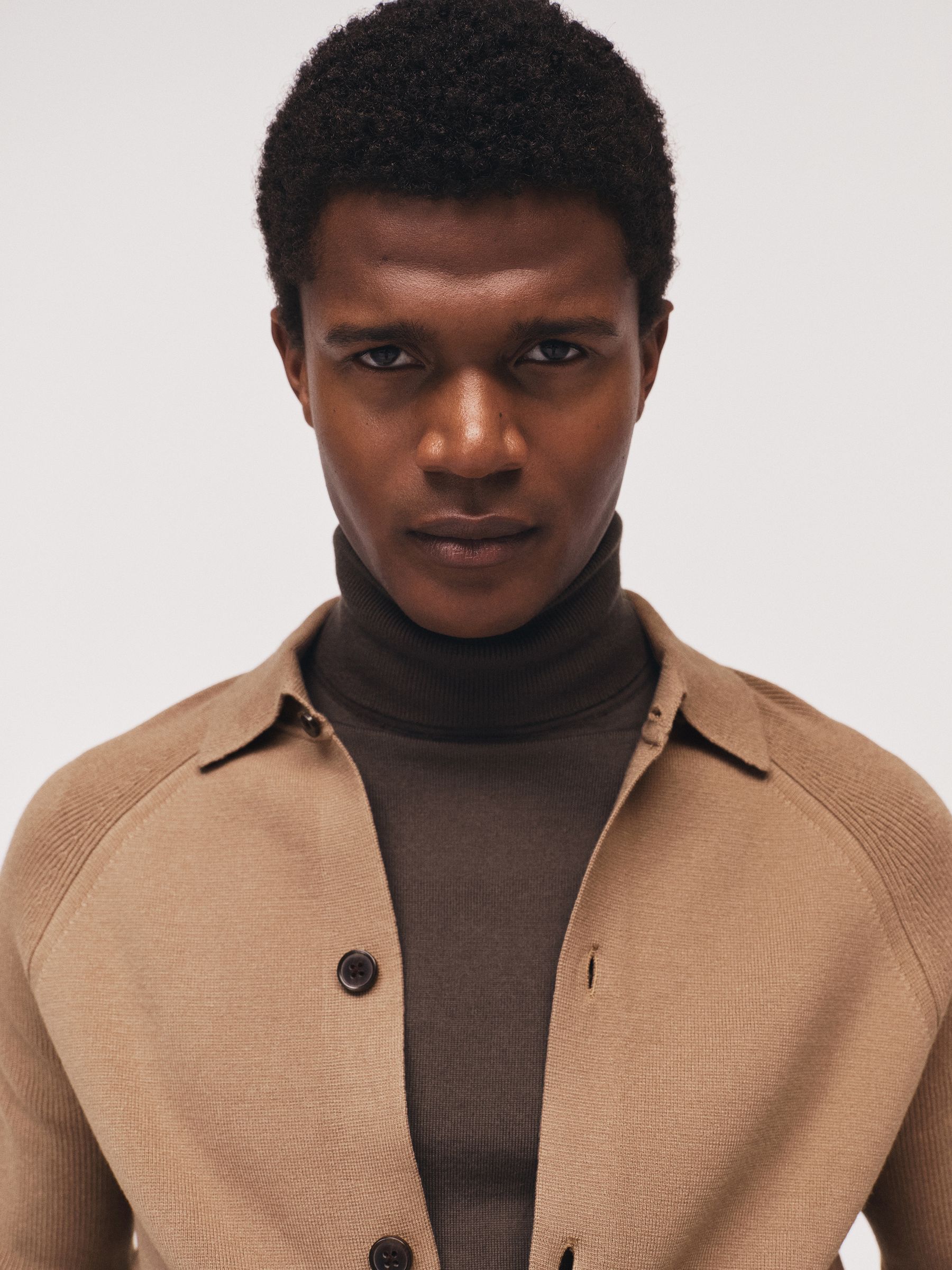 Button-Through Ribbed-Sleeve Shirt in Camel Brown - Image 3 of 9