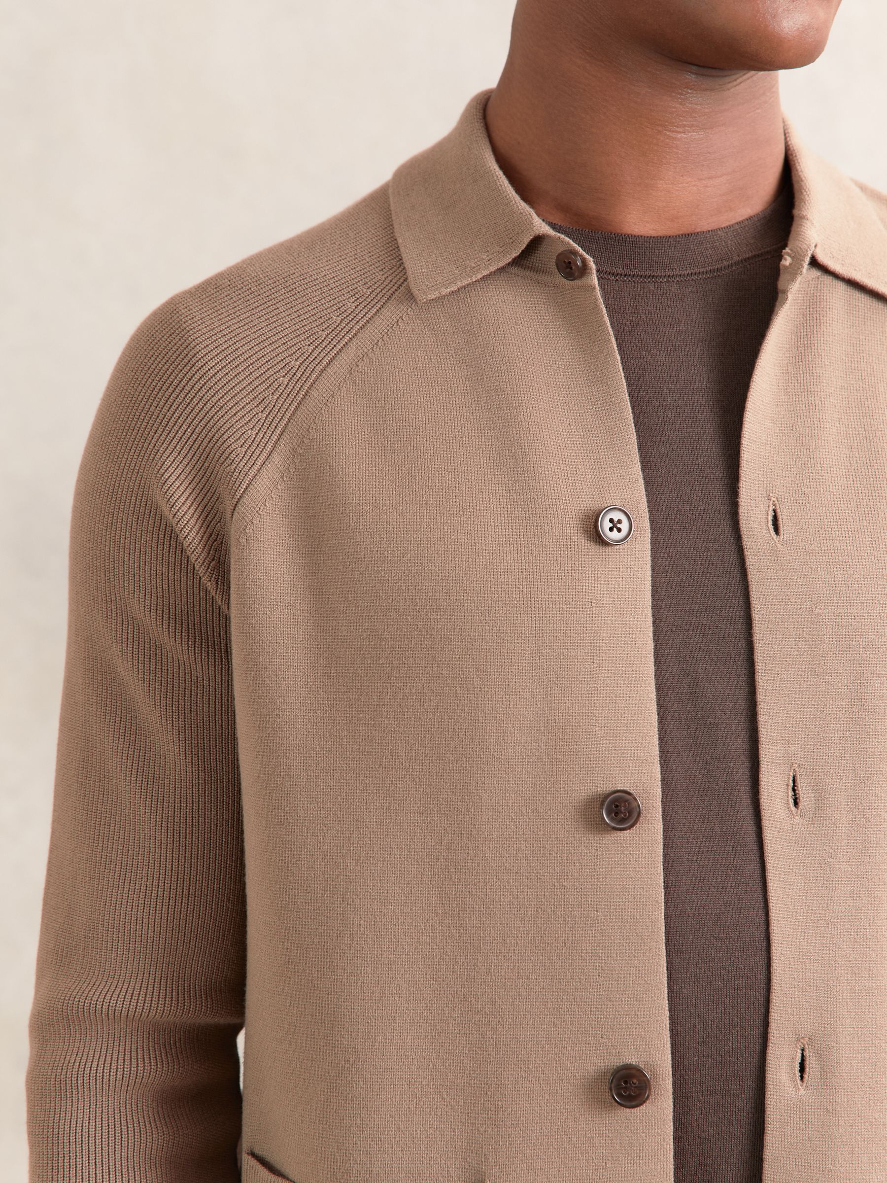 Button-Through Ribbed-Sleeve Shirt in Camel Brown - Image 5 of 9