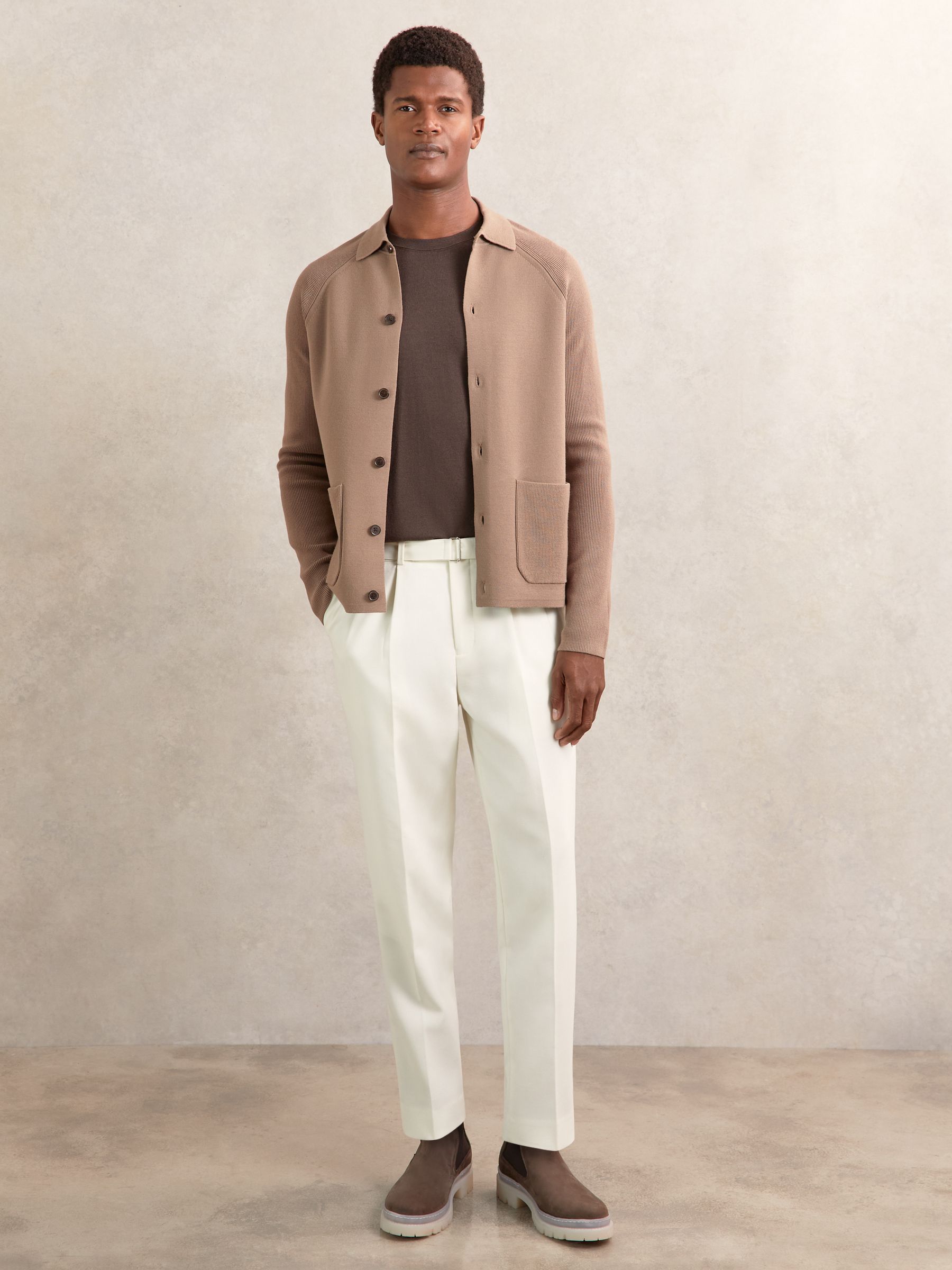 Button-Through Ribbed-Sleeve Shirt in Camel Brown - Image 6 of 9