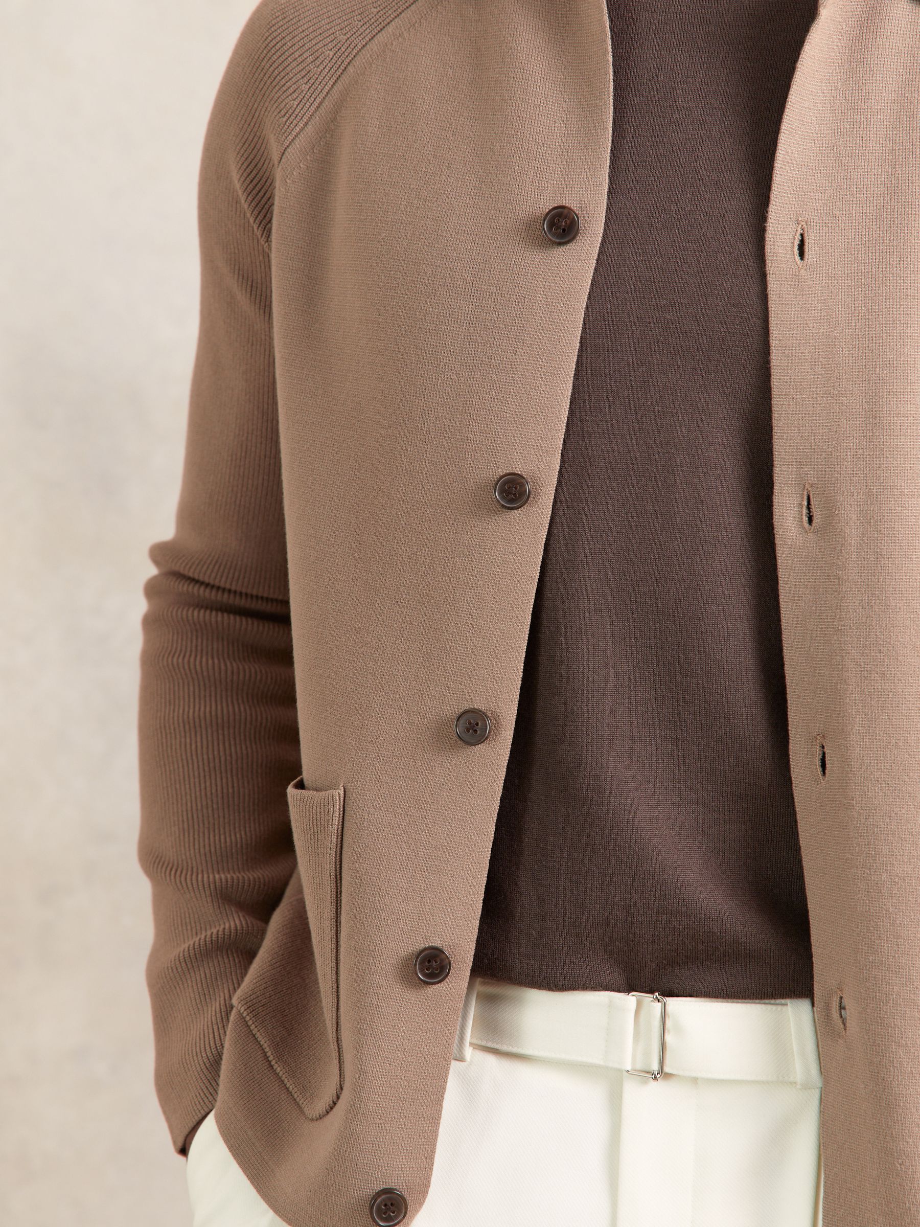 Button-Through Ribbed-Sleeve Shirt in Camel Brown - Image 7 of 9