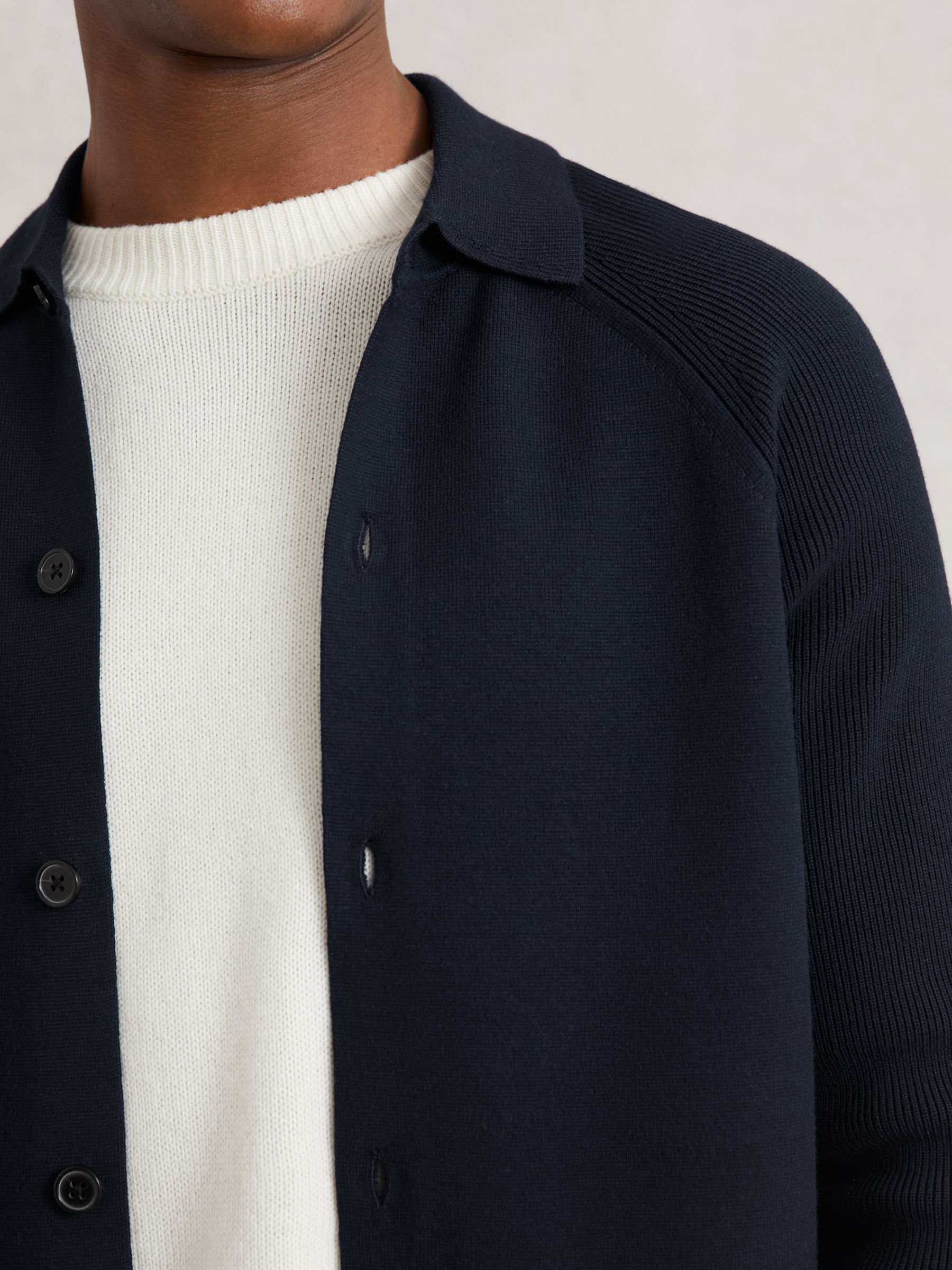 Button-Through Ribbed-Sleeve Shirt in Navy Blue - Image 3 of 6