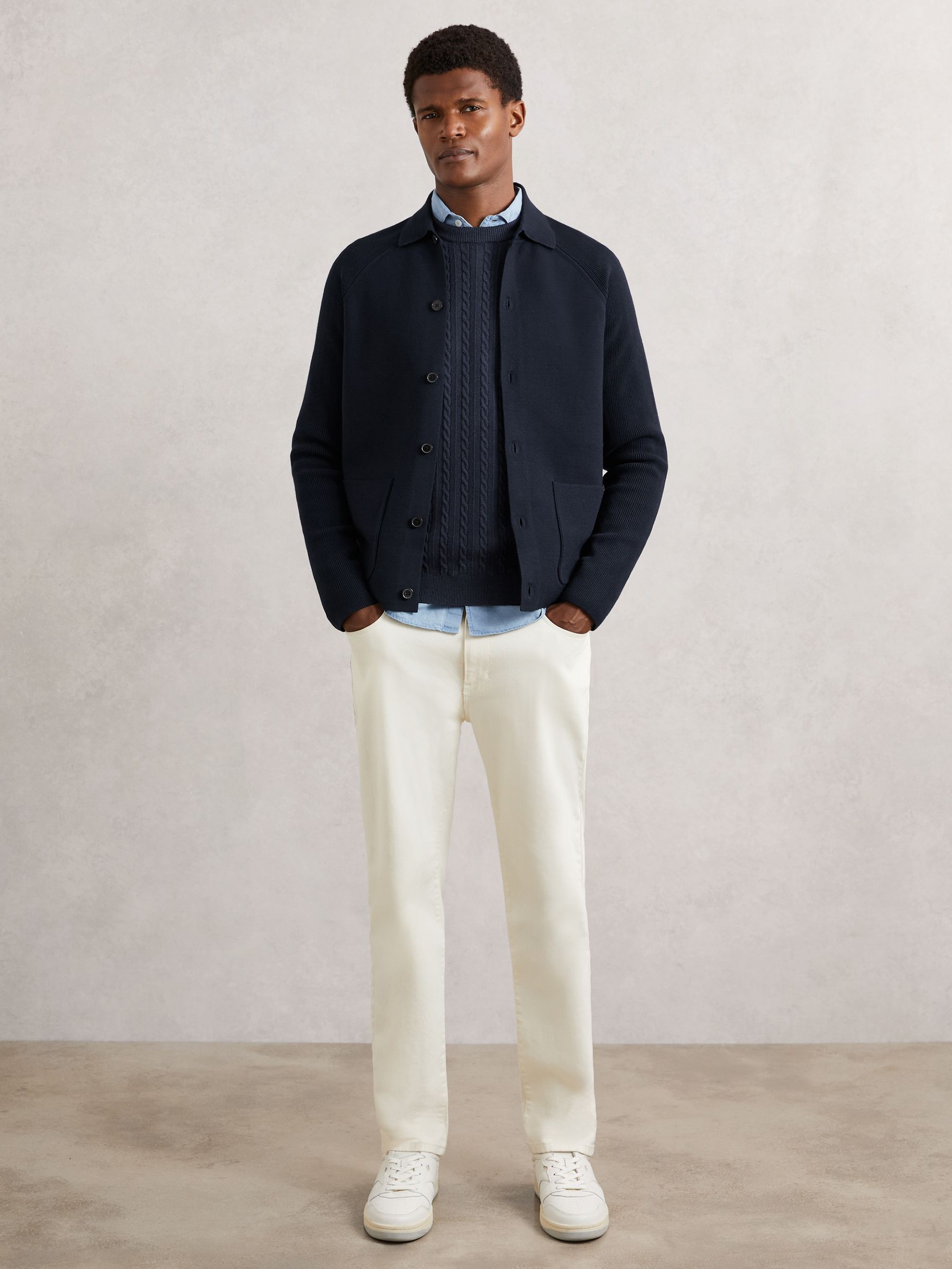 Button-Through Ribbed-Sleeve Shirt in Navy Blue - Image 5 of 6