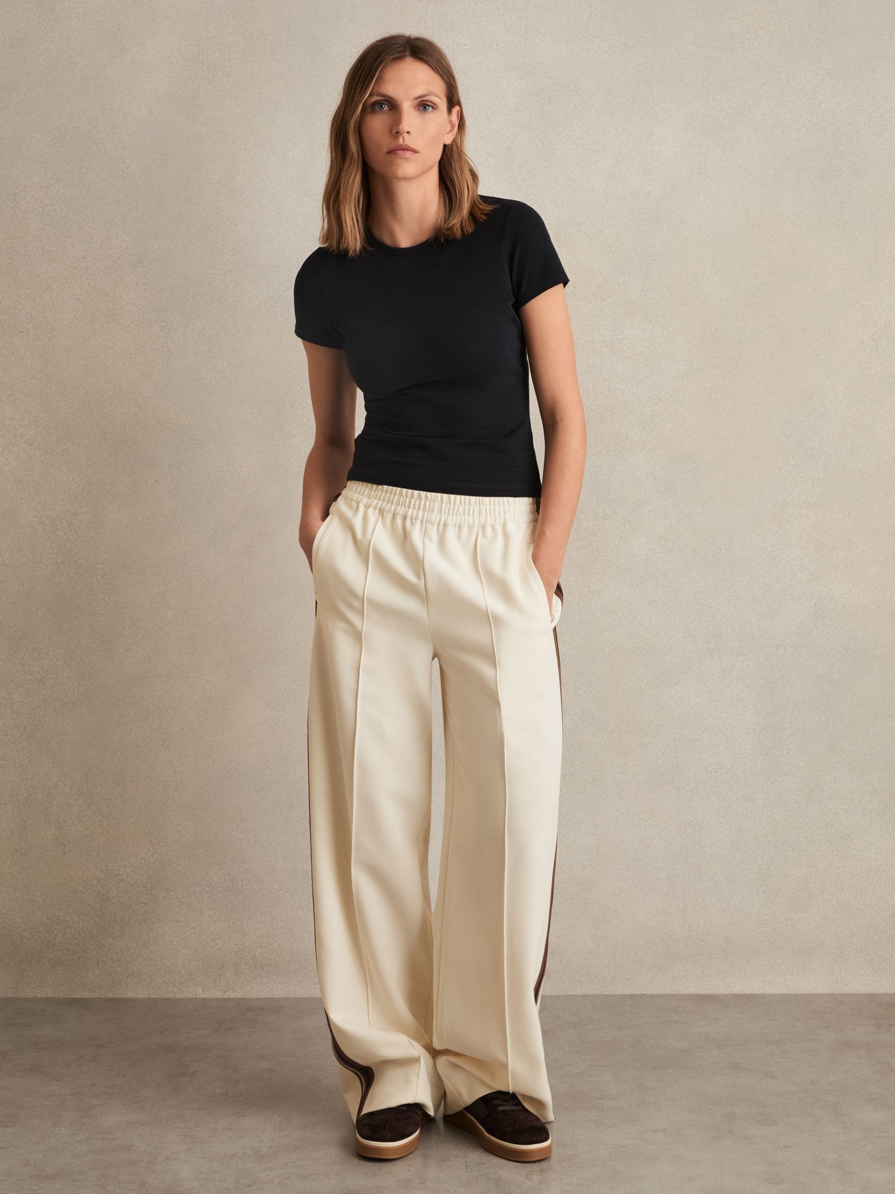Petite Side-Stripe Wide-Leg Trousers in Cream - Image 1 of 5 Petite Side-Stripe Wide-Leg Trousers in Cream - Image 1 of 5