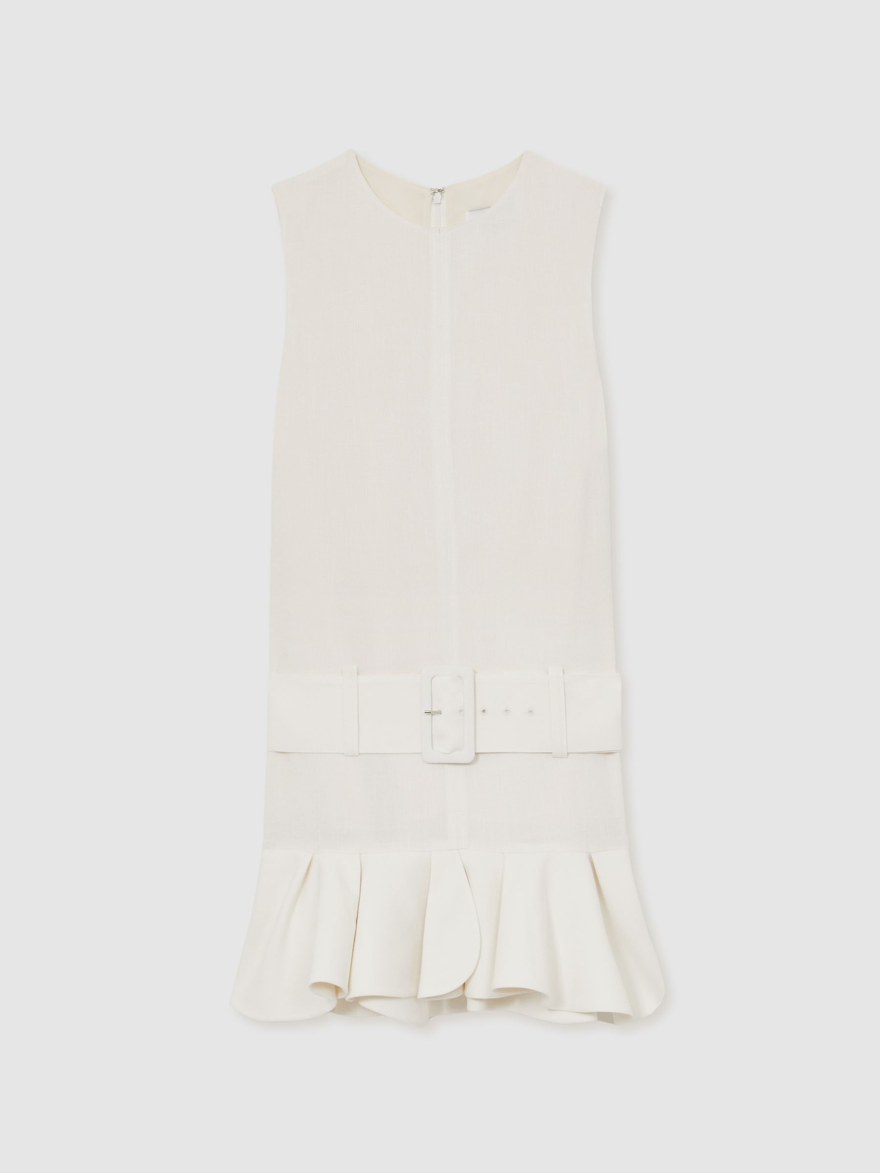 Ruffle Hem Belted Mini Dress in Ivory - Image 2 of 5