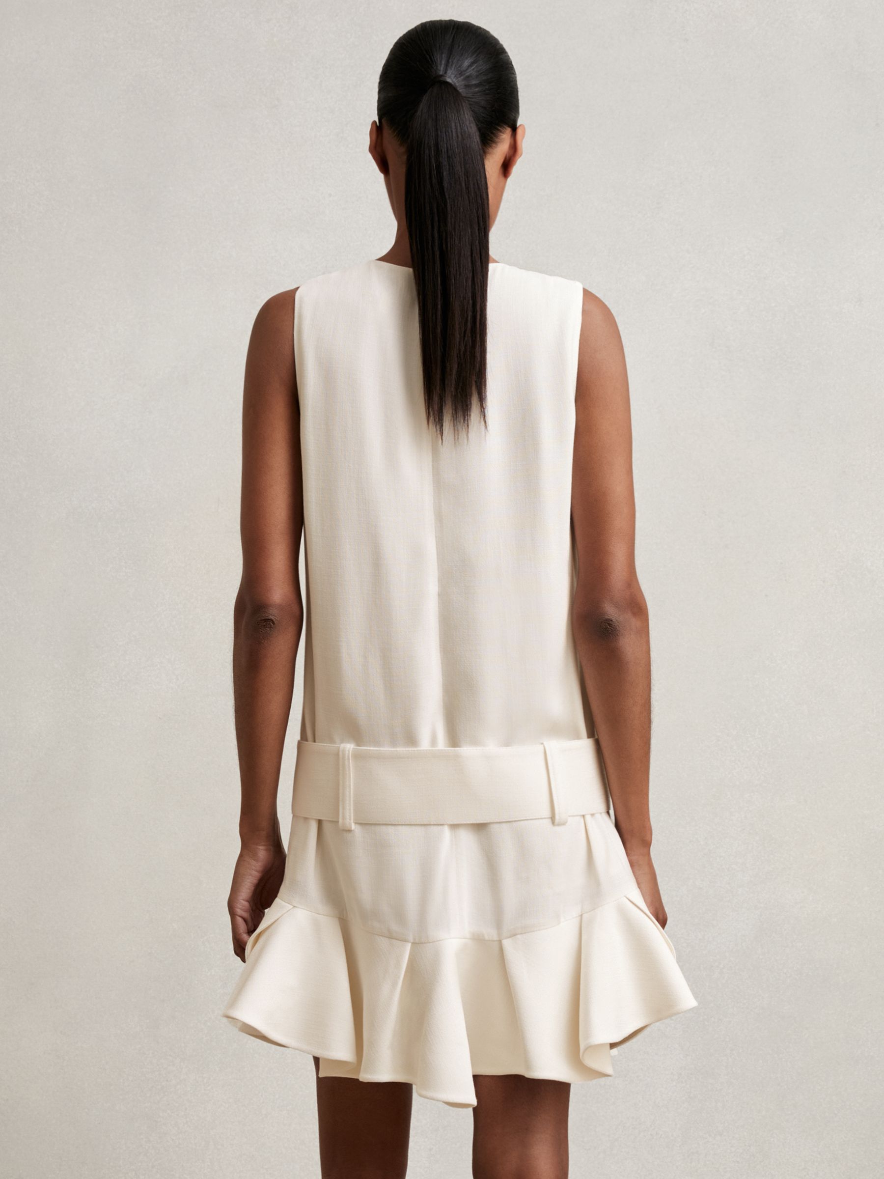 Ruffle Hem Belted Mini Dress in Ivory - Image 4 of 5