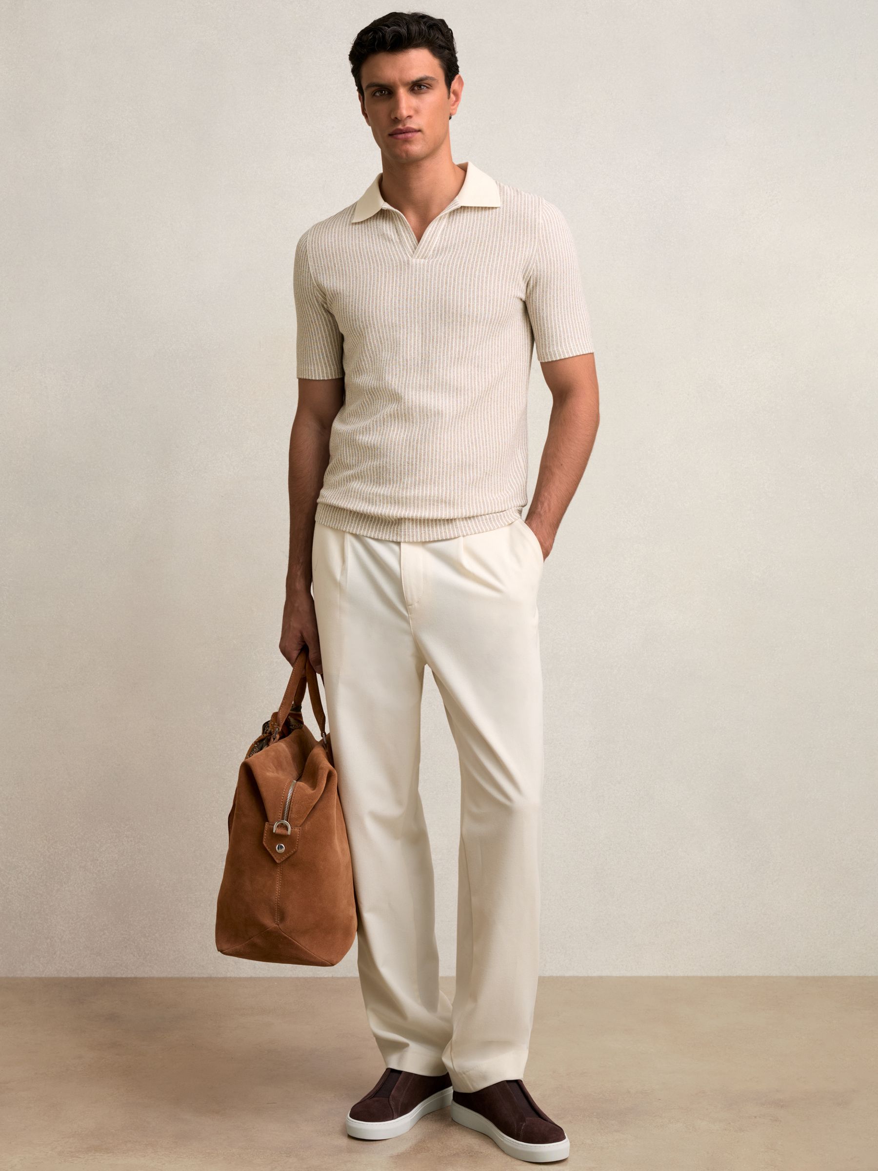 Cotton-Blend Stripe Polo Shirt in Ecru/Taupe Brown - Image 3 of 6