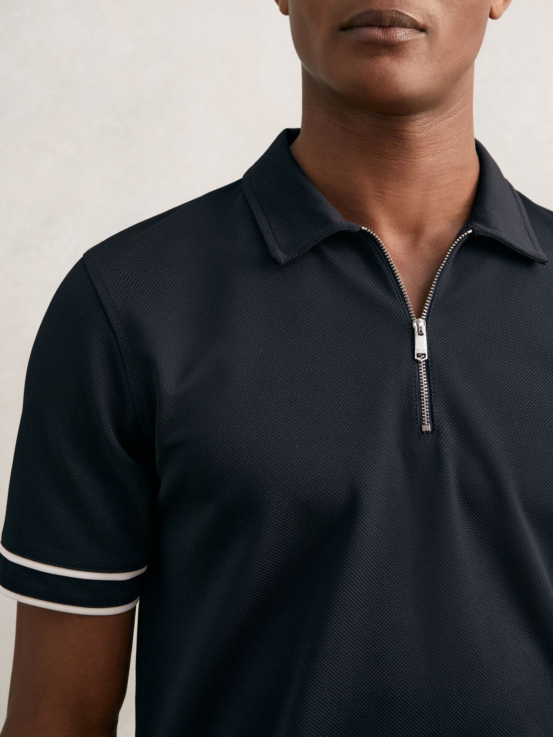 Textured Half-Zip Tipped Polo Shirt in Navy - Image 1 of 5