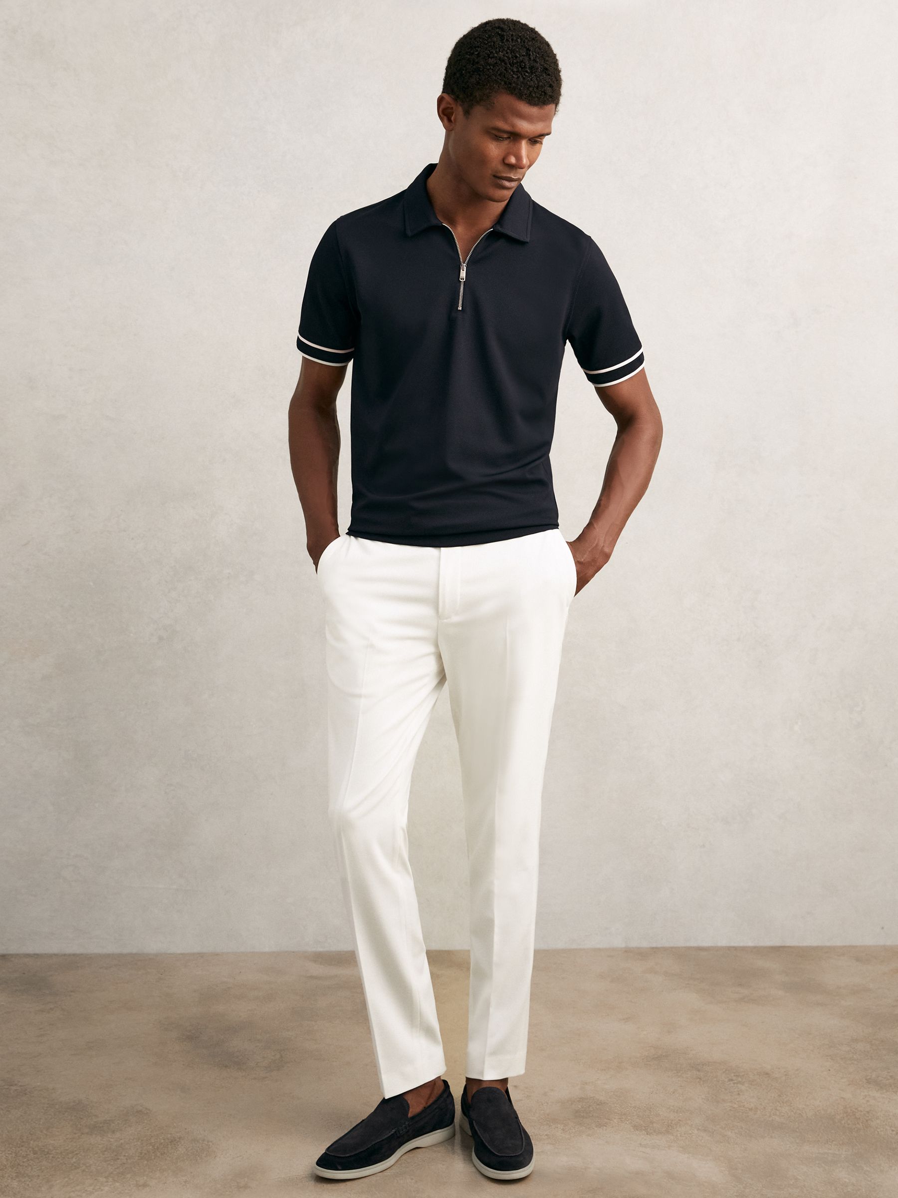 Textured Half-Zip Tipped Polo Shirt in Navy - Image 3 of 5