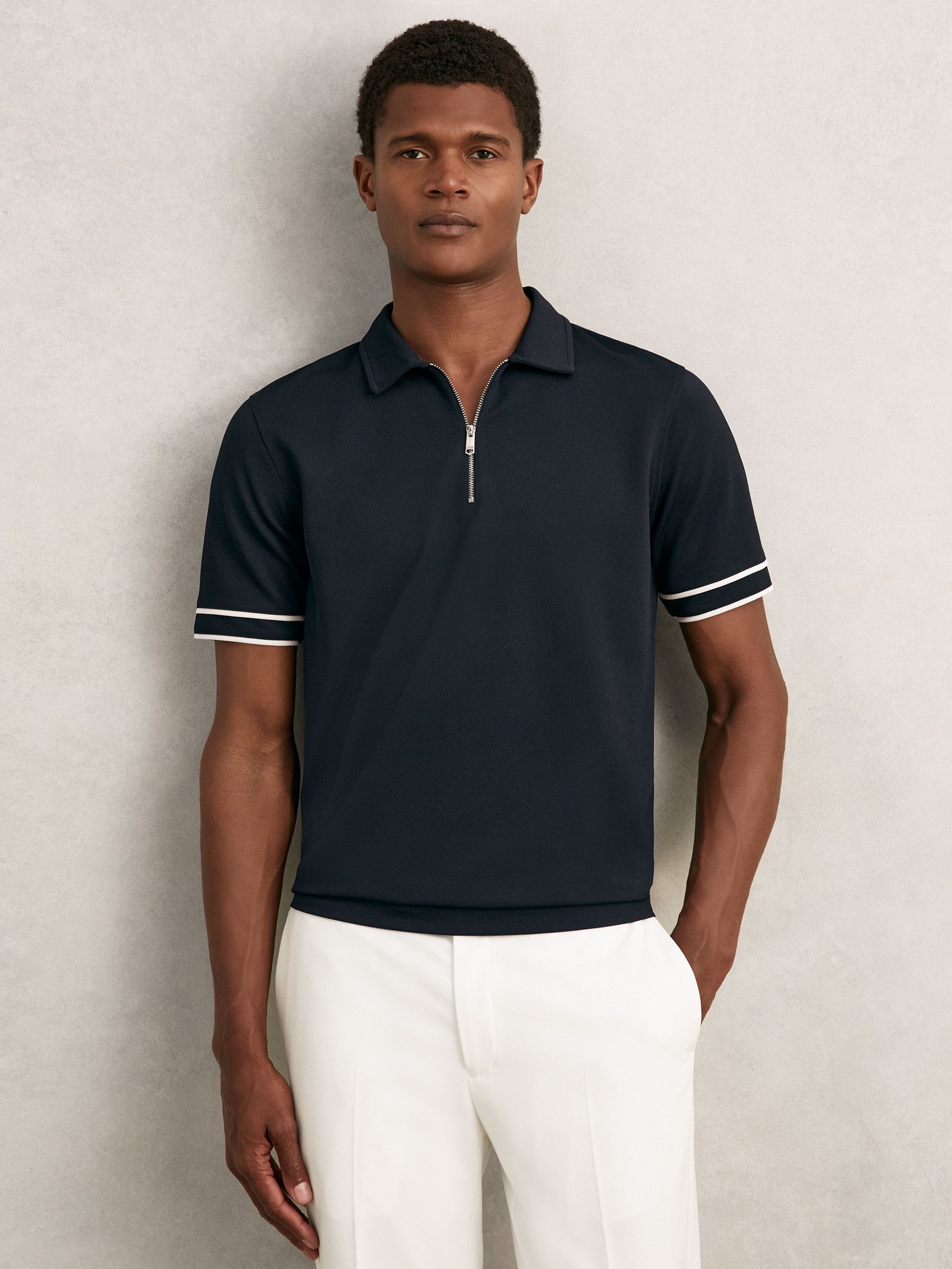 Textured Half-Zip Tipped Polo Shirt in Navy - Image 4 of 5