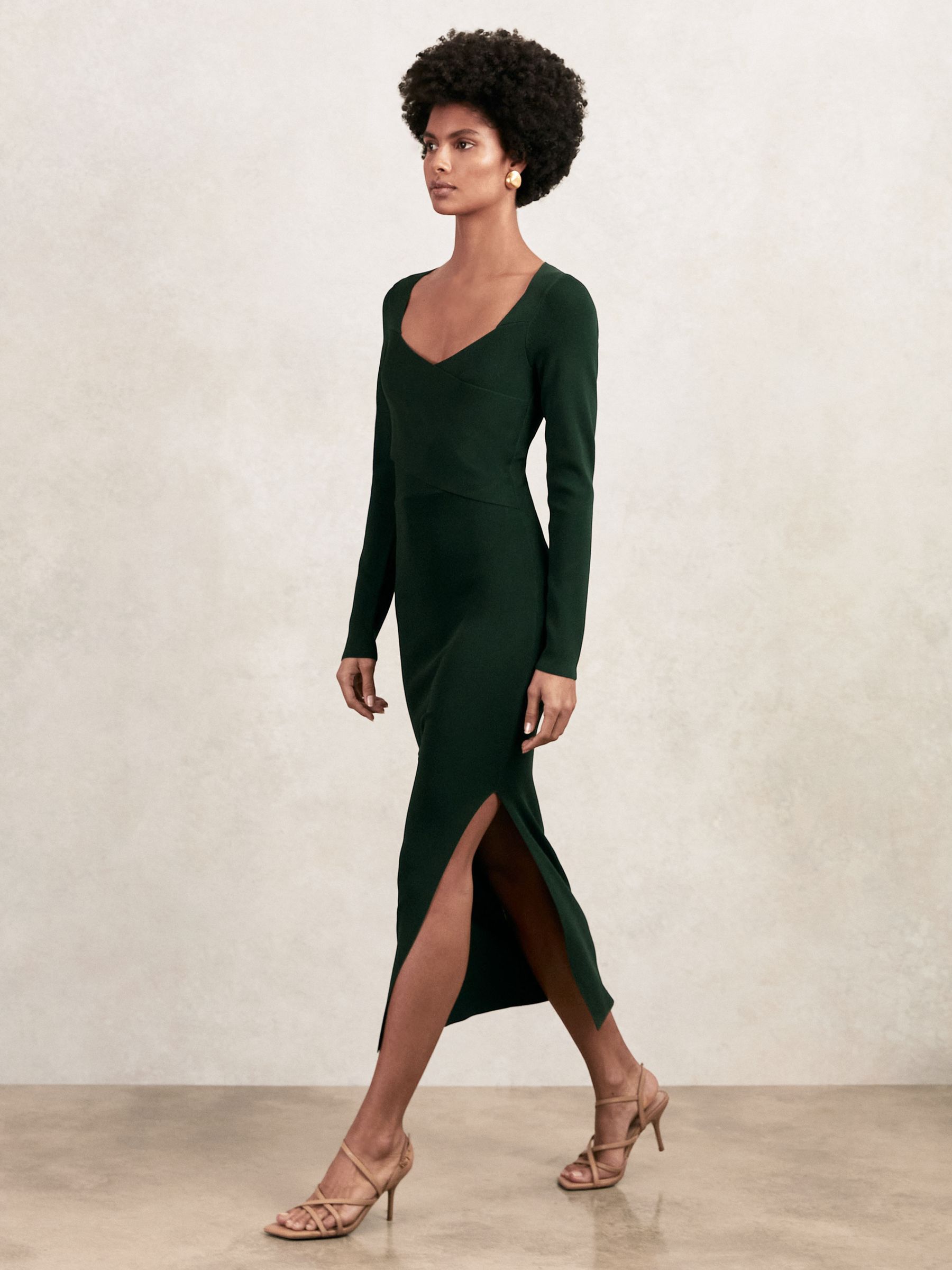 Knitted Wrap-Front Midi Dress in Green - Image 1 of 7 Knitted Wrap-Front Midi Dress in Green - Image 1 of 7