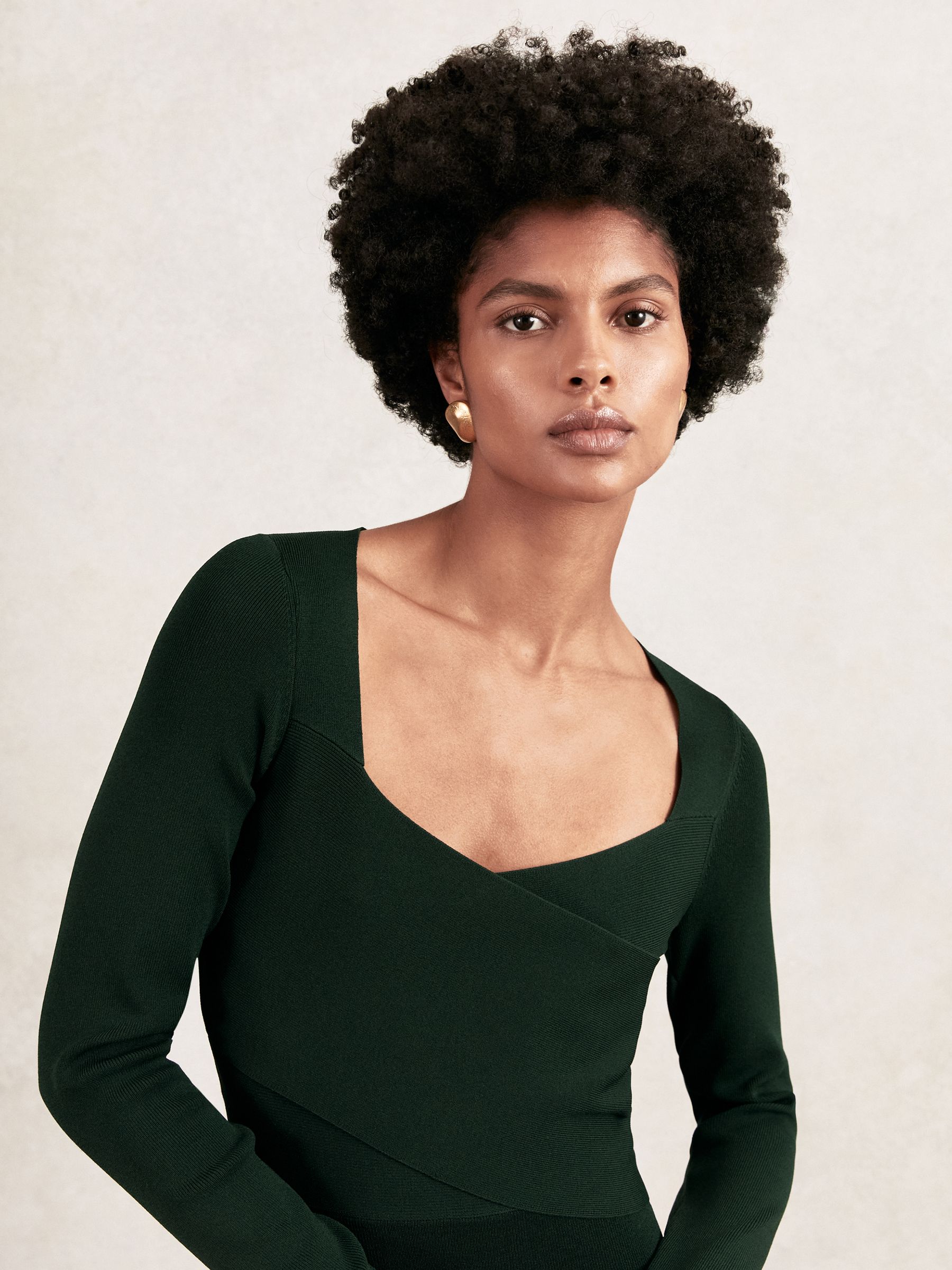 Knitted Wrap-Front Midi Dress in Green - Image 4 of 7