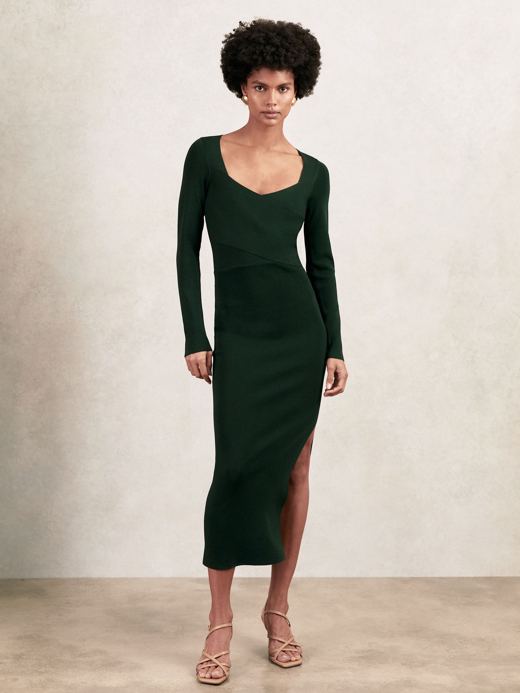 Knitted Wrap-Front Midi Dress in Green - image 4