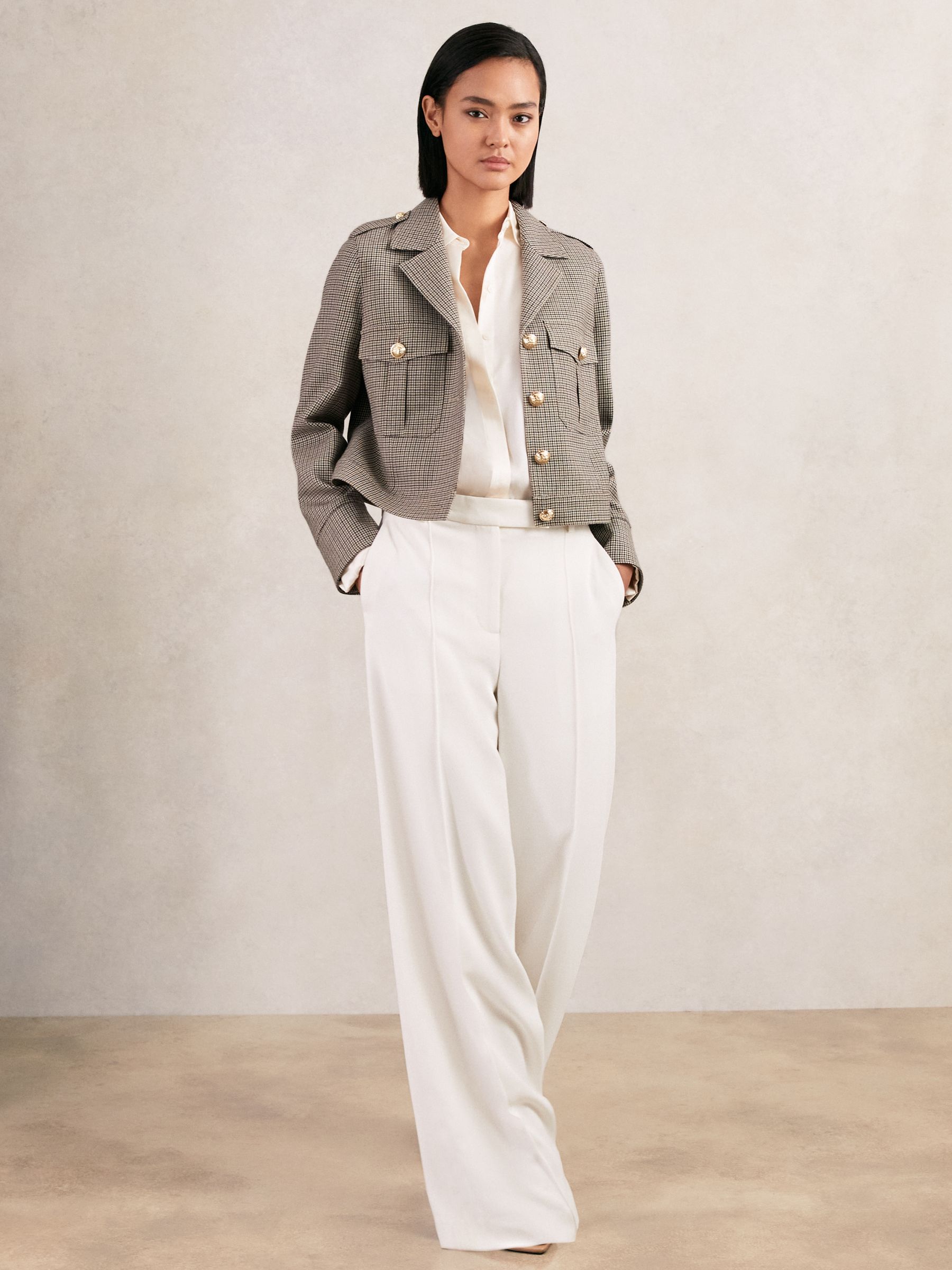 Wool Twin-Pocket Cropped Jacket in Neutral Check - Image 4 of 9