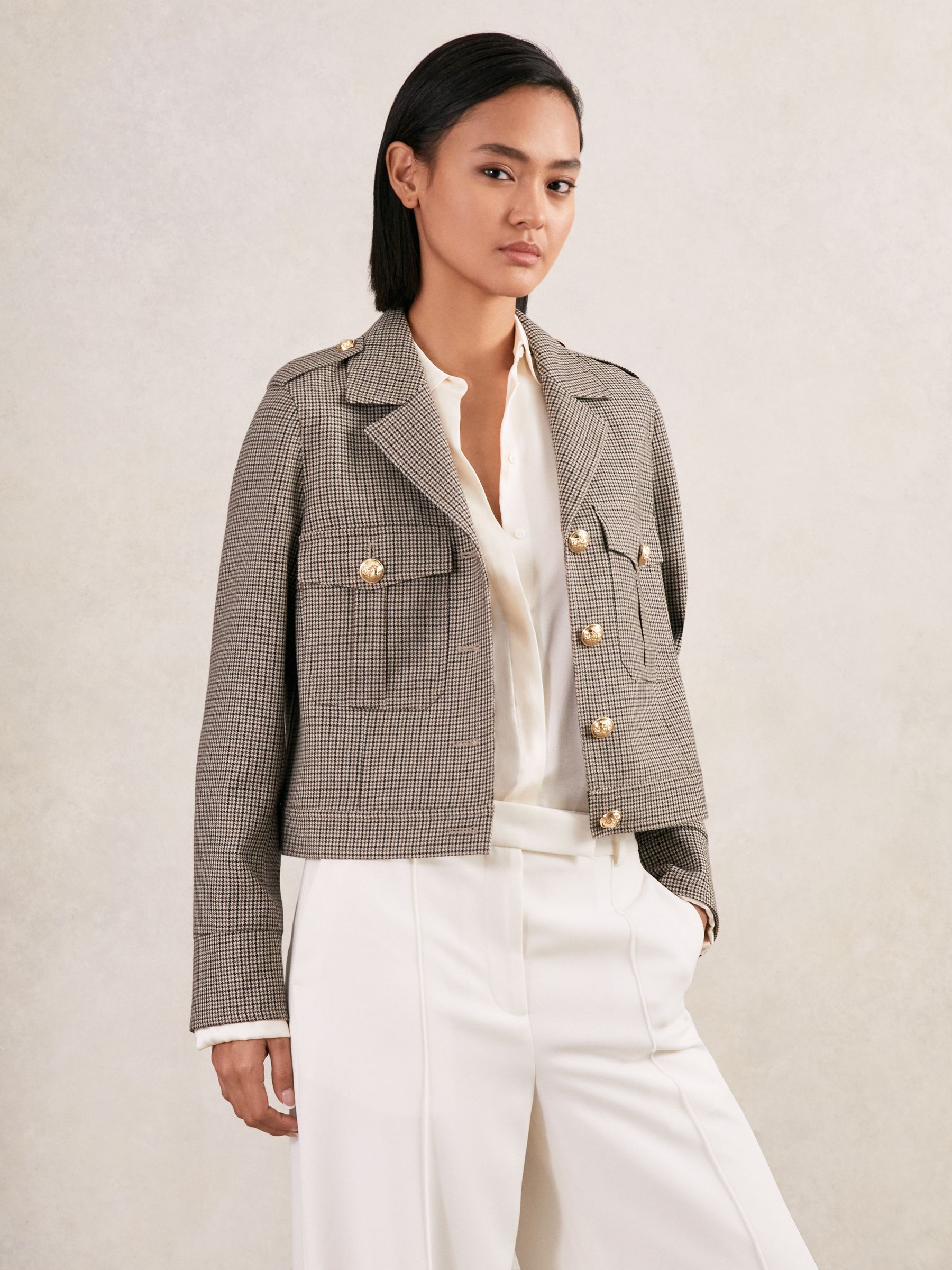 Wool Twin-Pocket Cropped Jacket in Neutral Check - Image 8 of 9