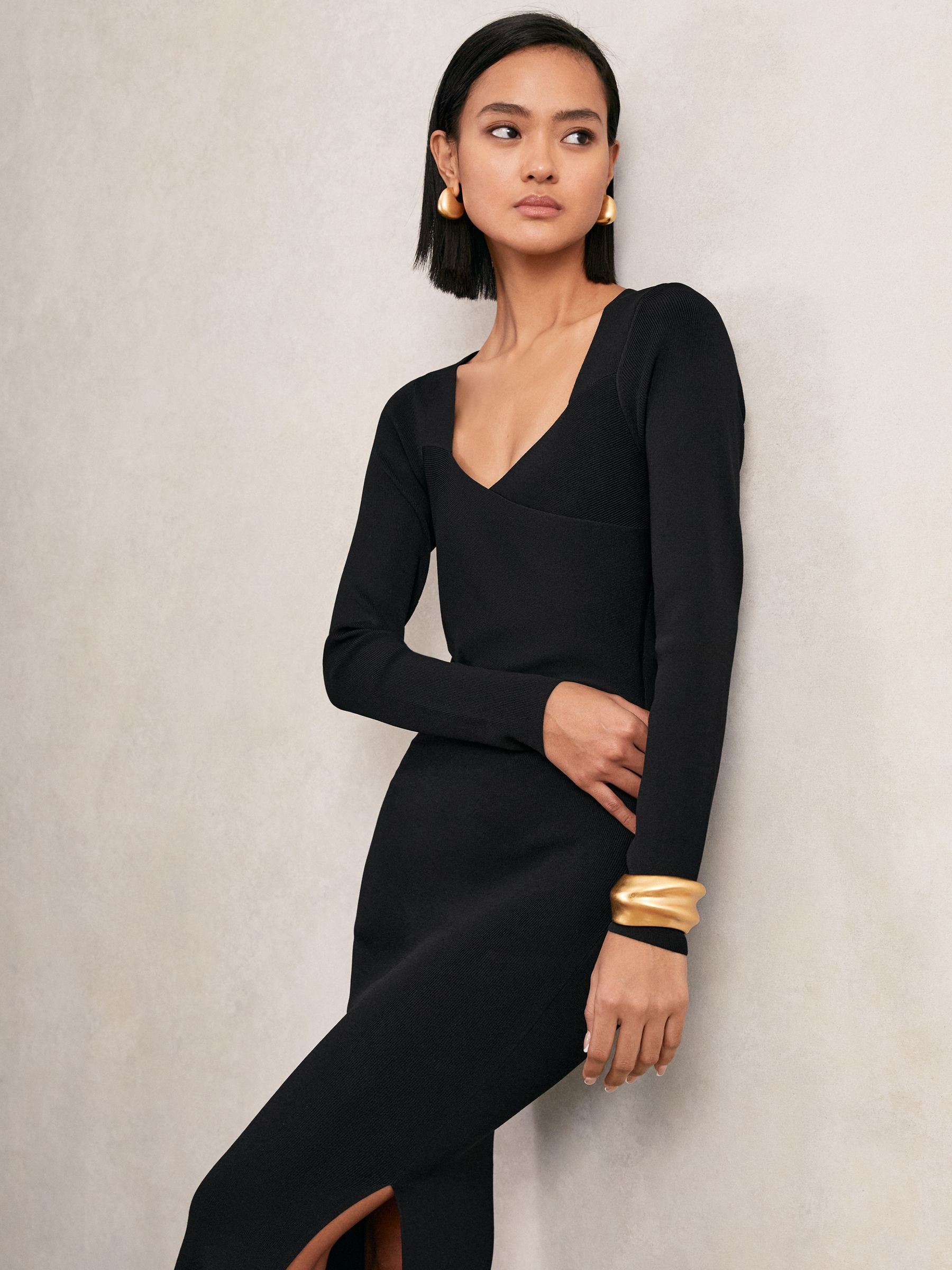 Knitted Wrap-Front Midi Dress in Black - image 5