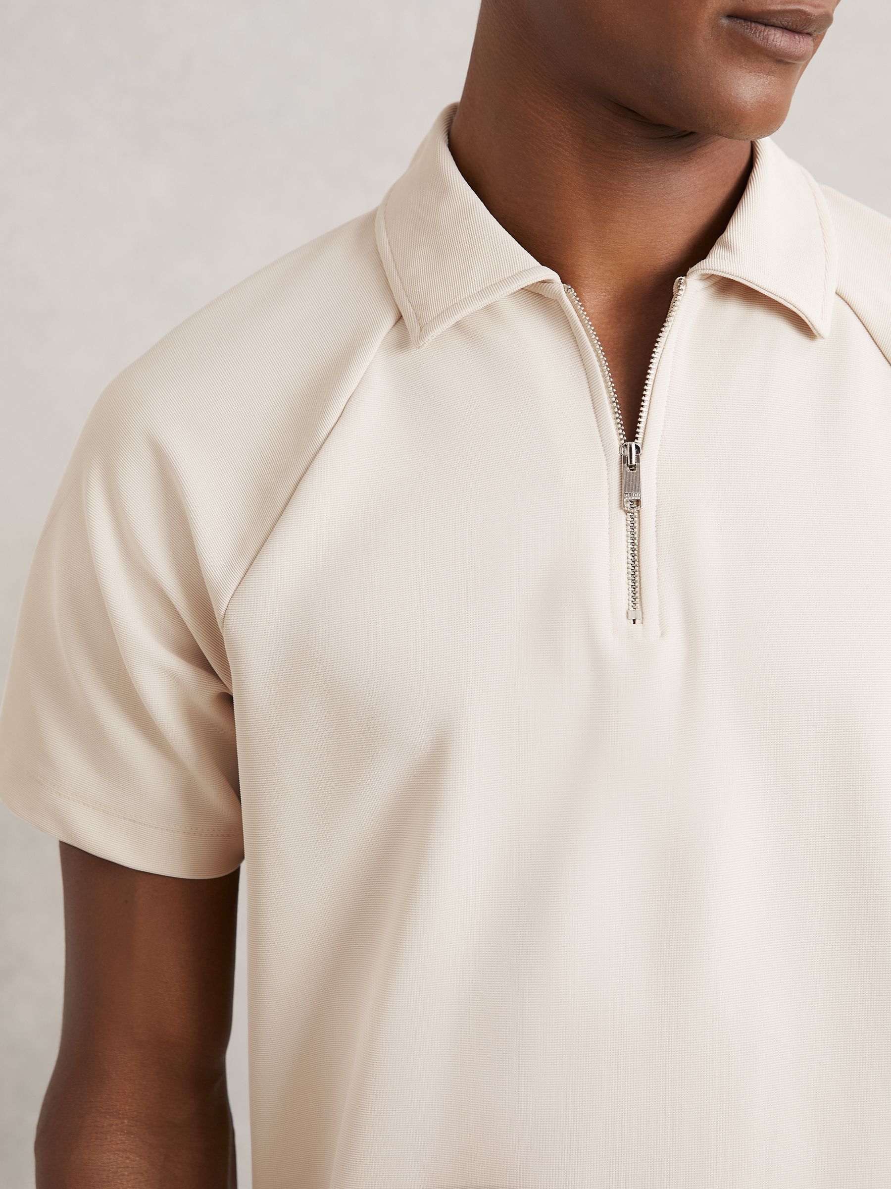 Textured Raglan Half-Zip Polo Shirt in Stone - Image 3 of 6