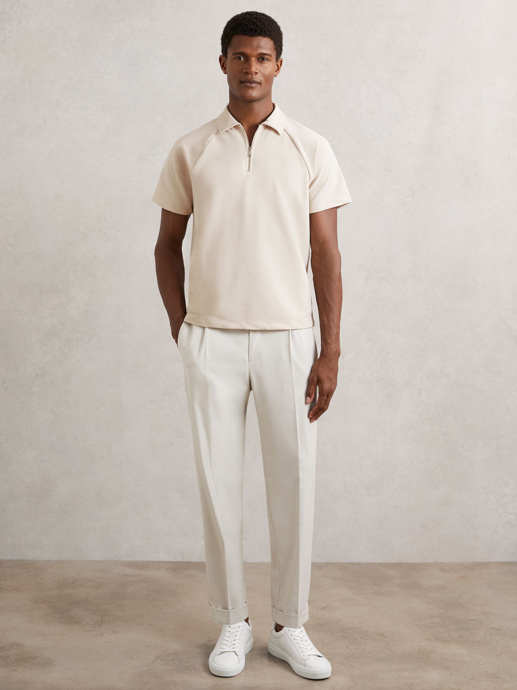 Textured Raglan Half-Zip Polo Shirt in Stone - Image 4 of 6