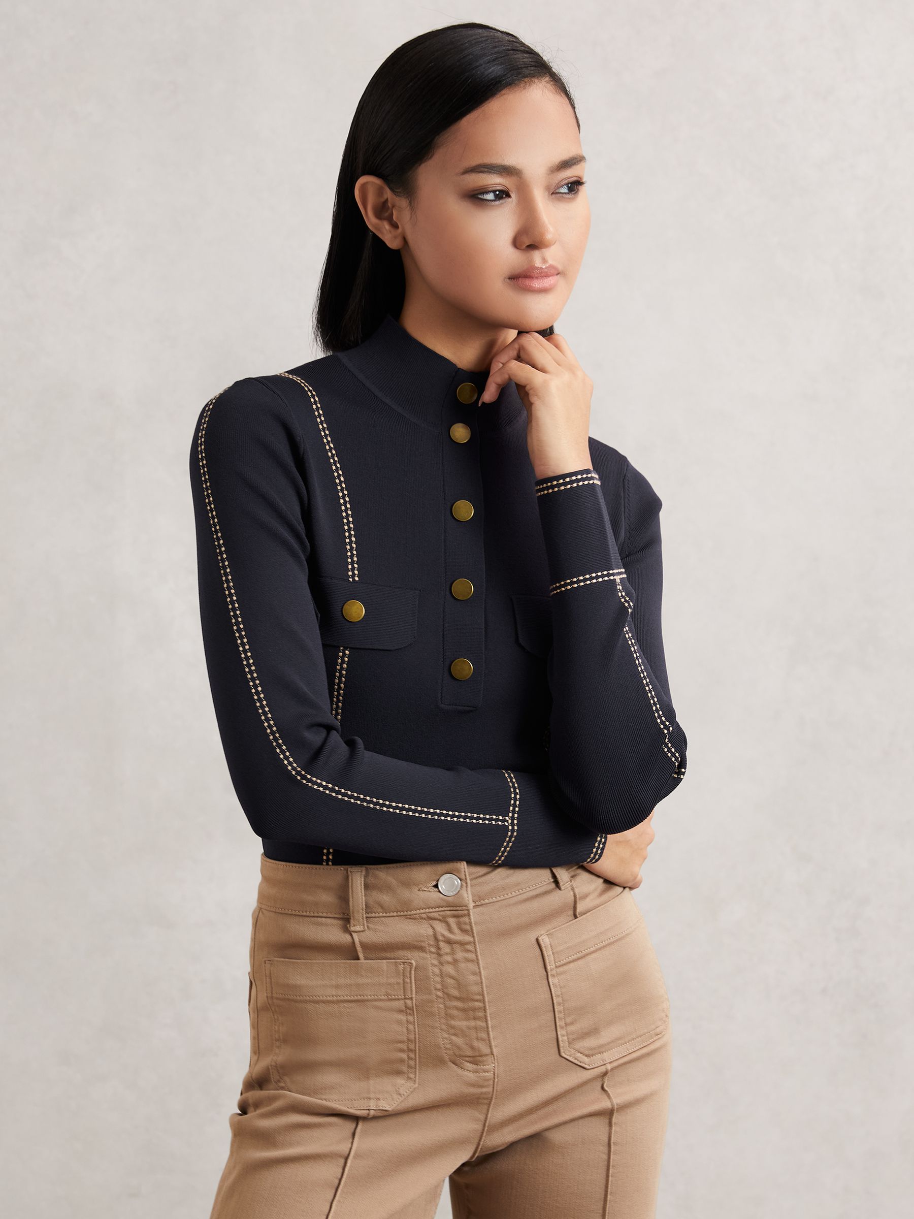 Contrast-Stitch Knit Top in Navy - Image 1 of 6
