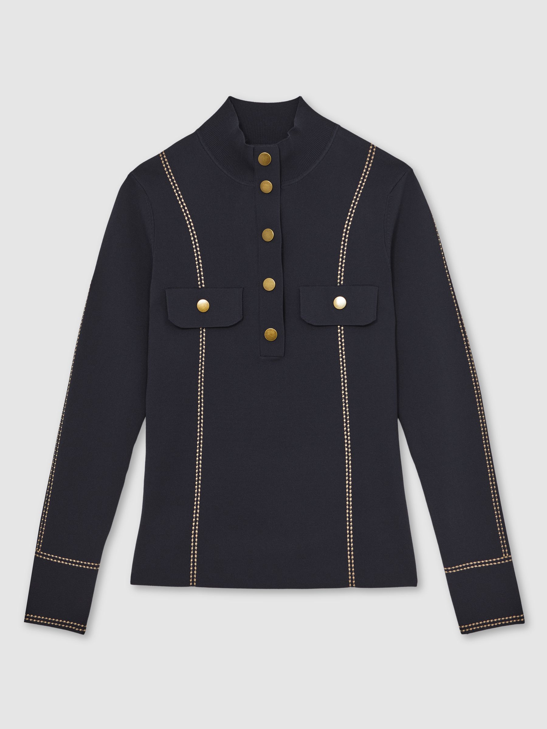Contrast-Stitch Knit Top in Navy - Image 2 of 6