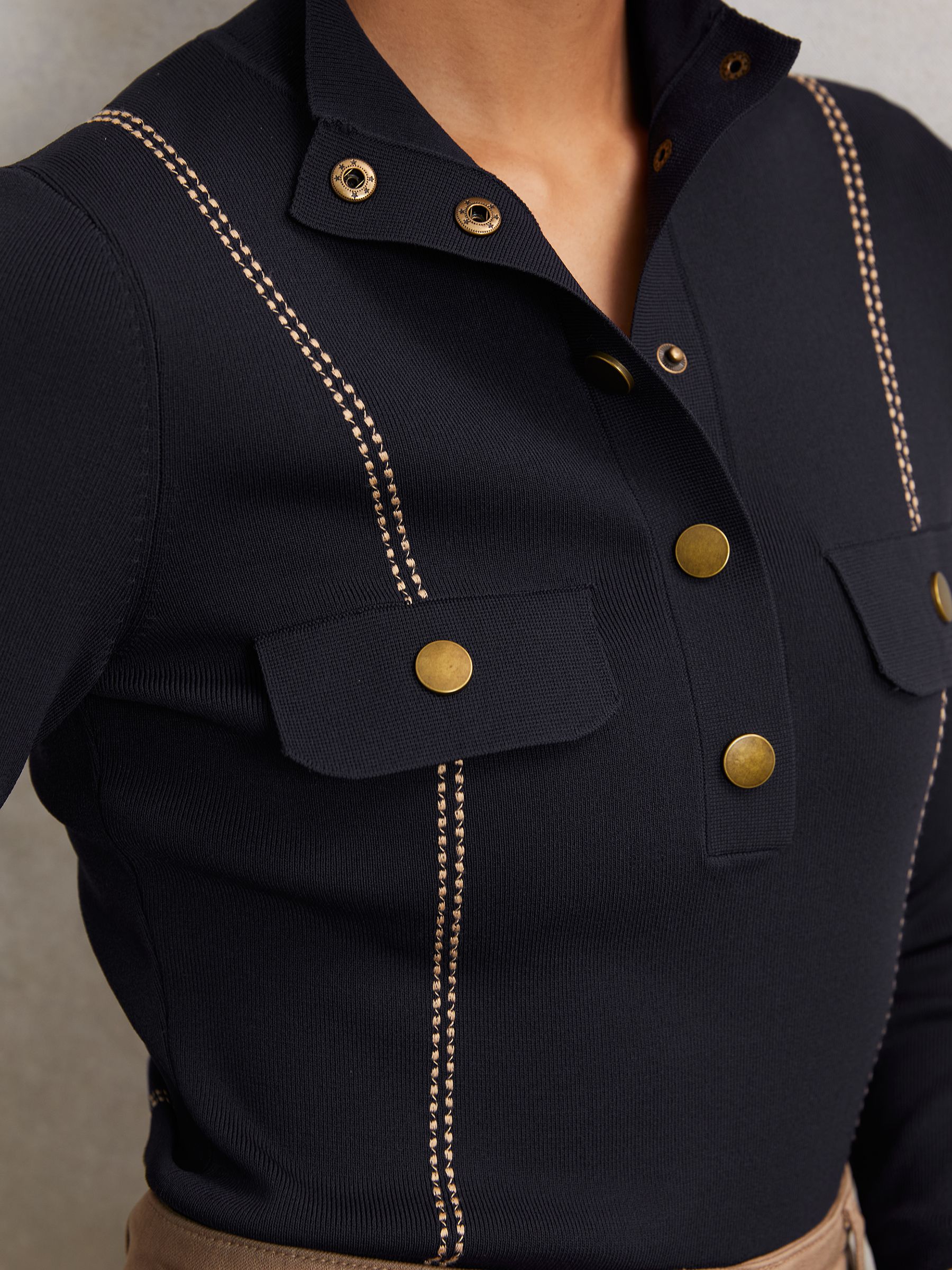 Contrast-Stitch Knit Top in Navy - Image 3 of 6