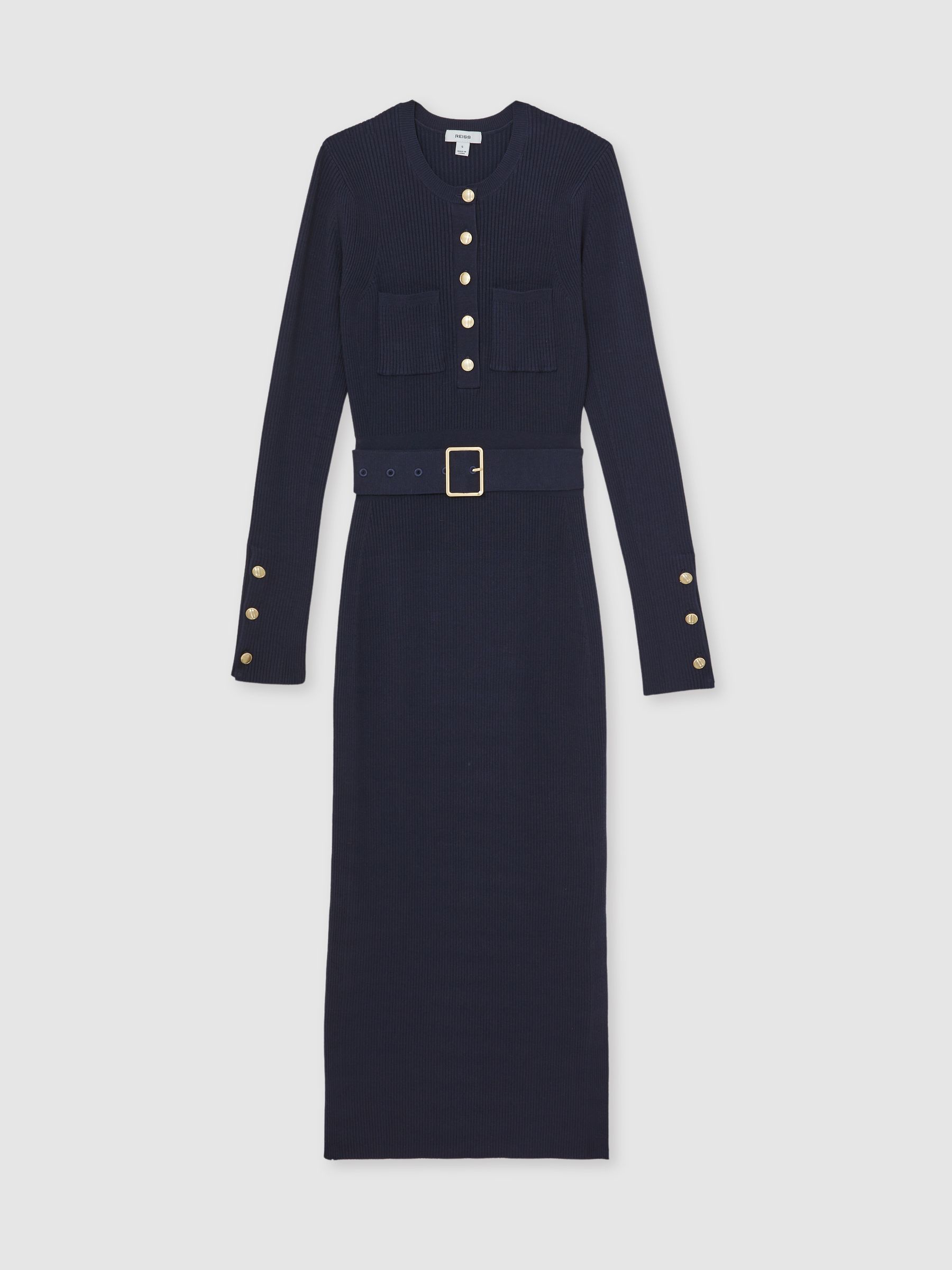 Rib-Knit Buttoned Belted Midi Dress in Navy - Image 2 of 5