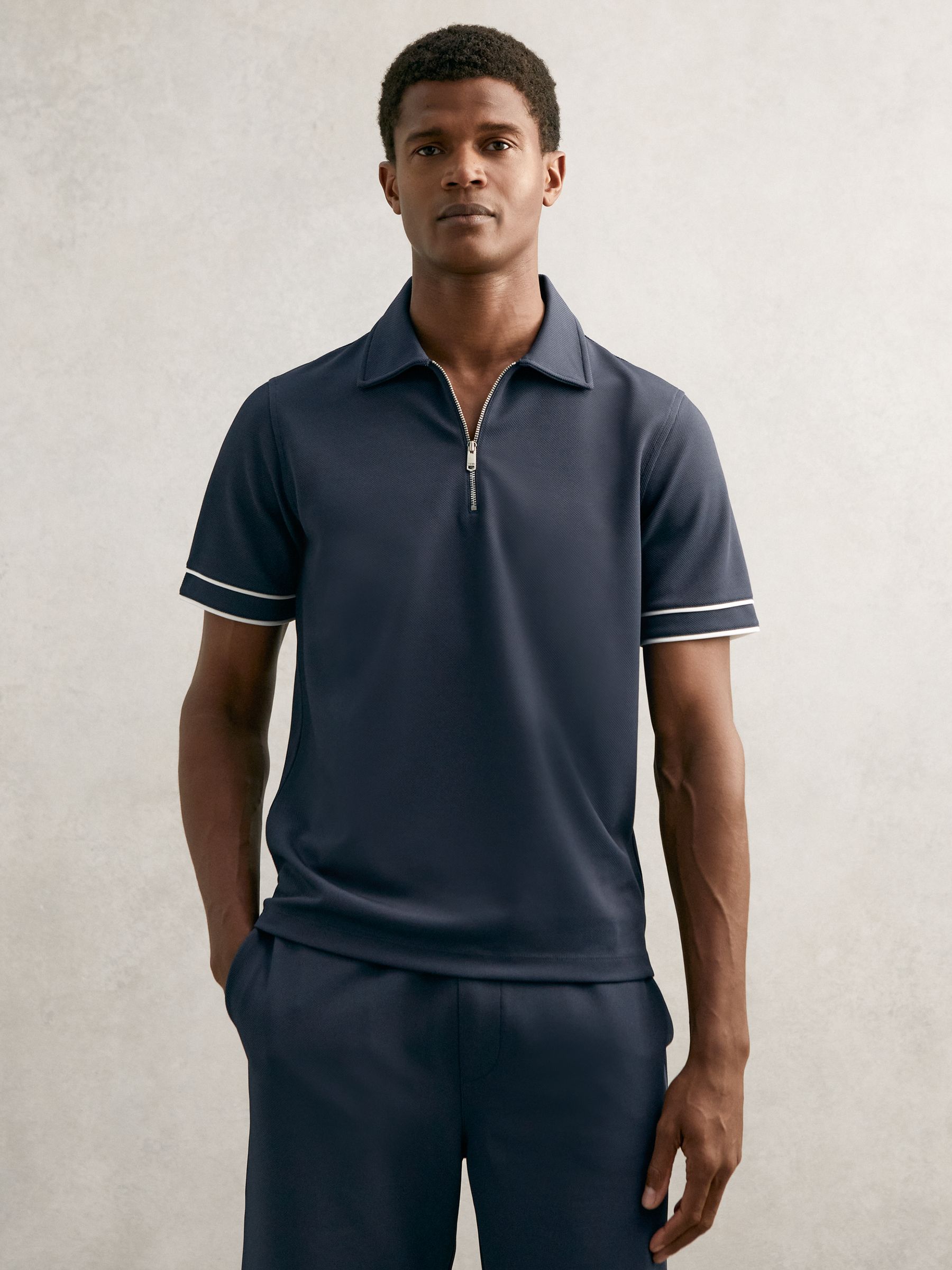 Textured Half-Zip Tipped Polo Shirt in Airforce Blue - Image 1 of 6