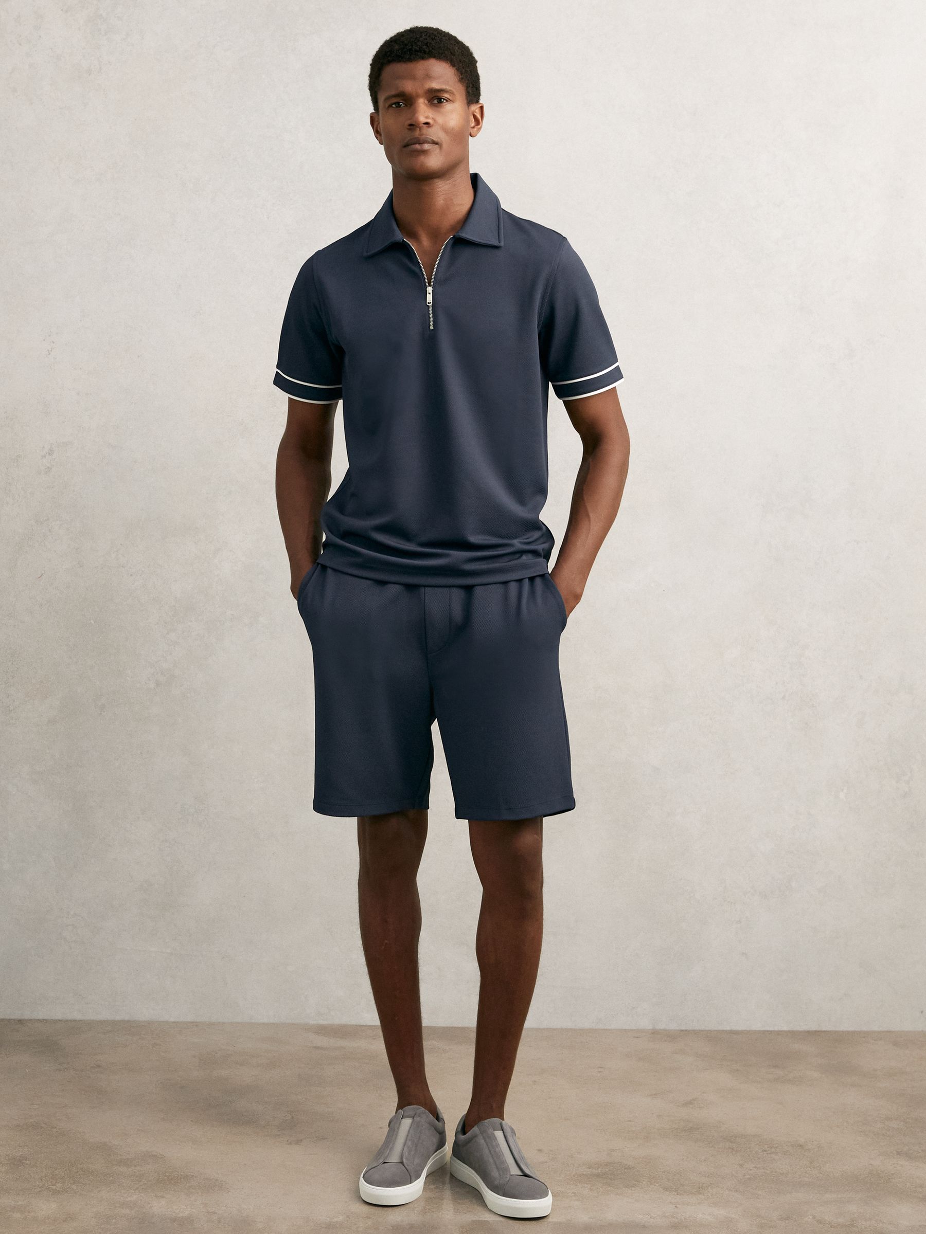 Textured Half-Zip Tipped Polo Shirt in Airforce Blue - Image 3 of 6