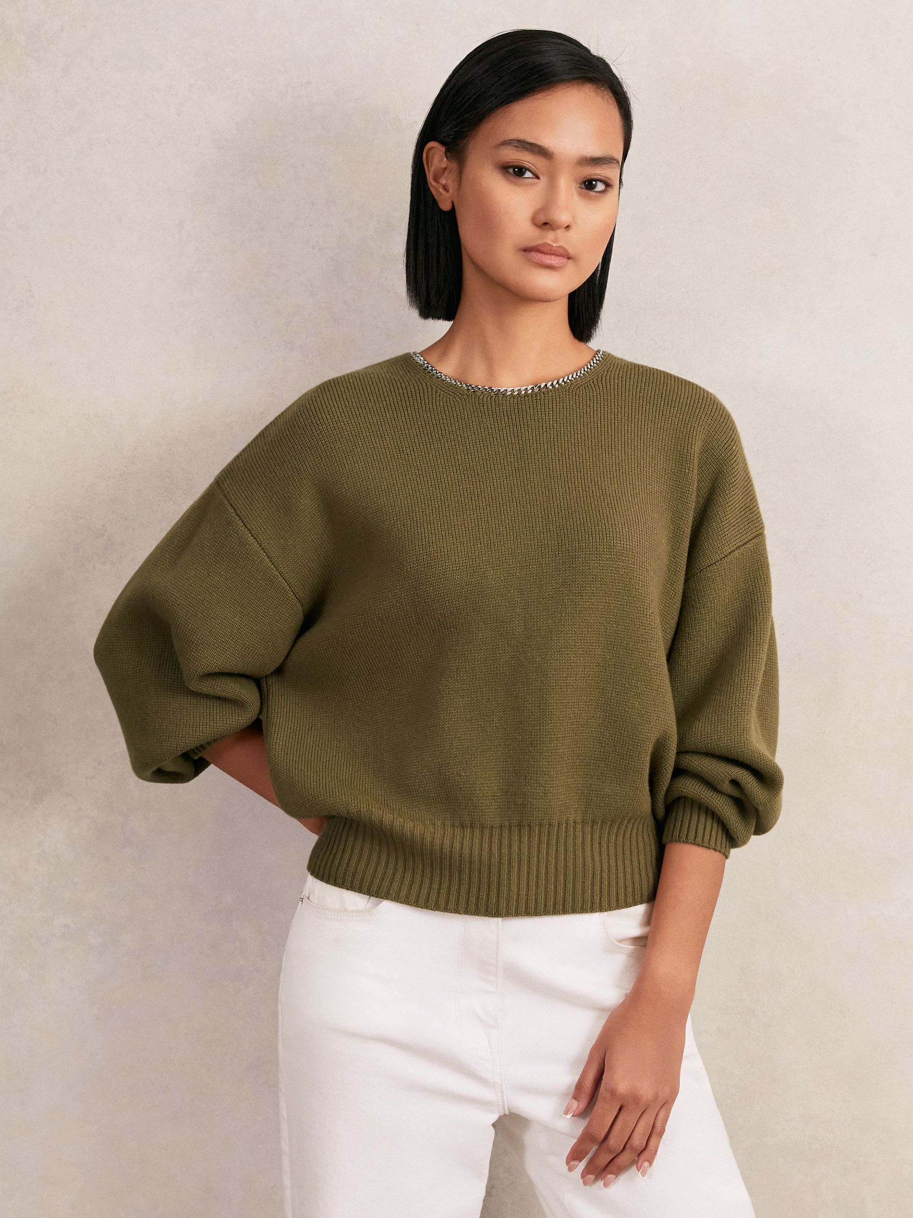 Wool-Blend Necklace-Trim Jumper with Cashmere in Sage Green - Image 1 of 6