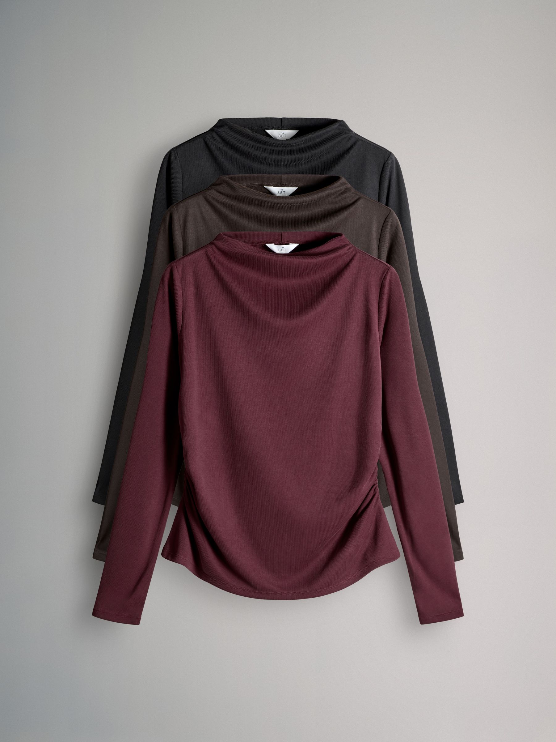 Black/Brown/Taupe - Drape Longsleeve Top 3 Pack - Image 2 of 10